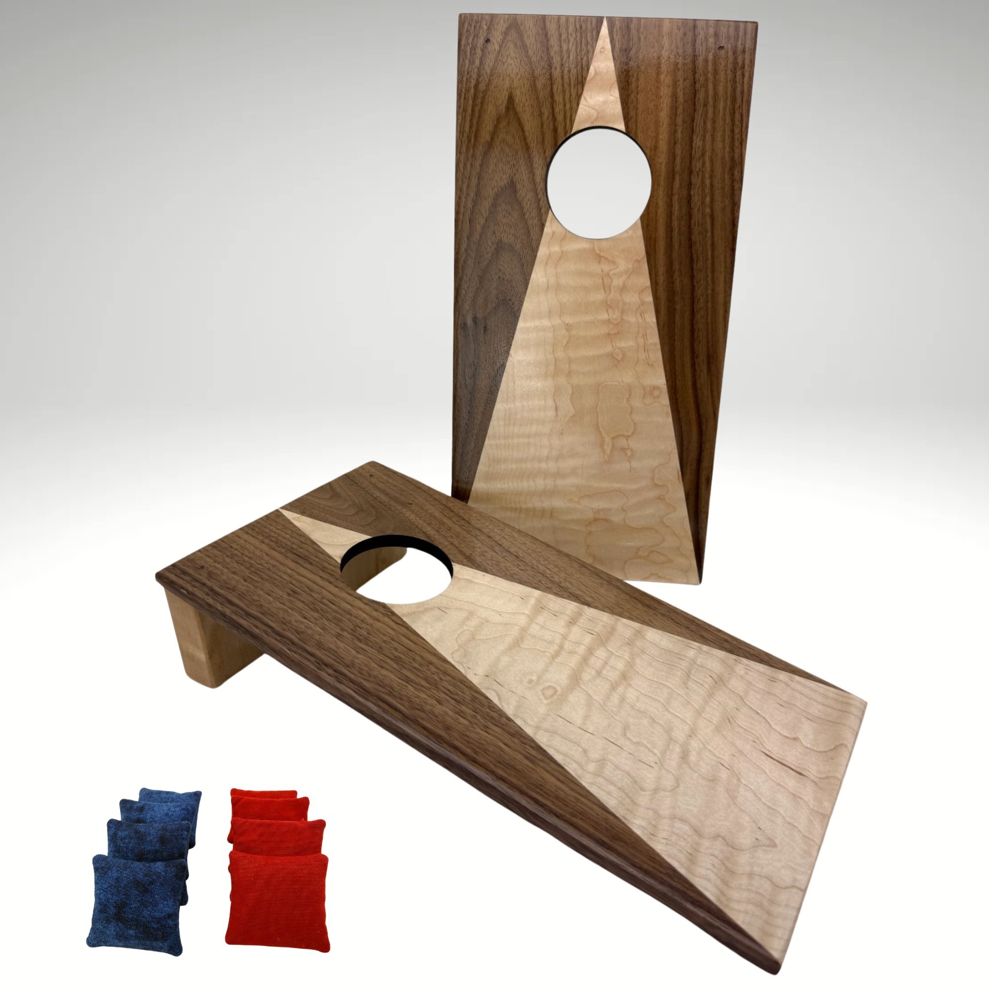 Handcrafted tabletop mini cornhole boards made from solid hardwood, two-toned walnut & maple