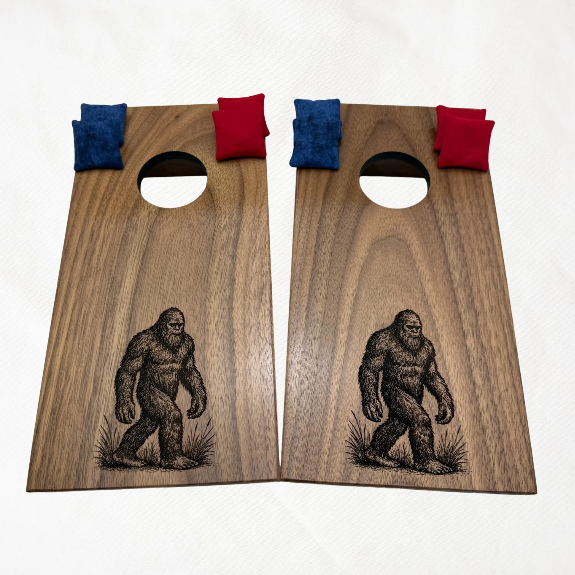 Handcrafted tabletop mini cornhole boards made from solid hardwood, Walnut wood engraved with Big foot