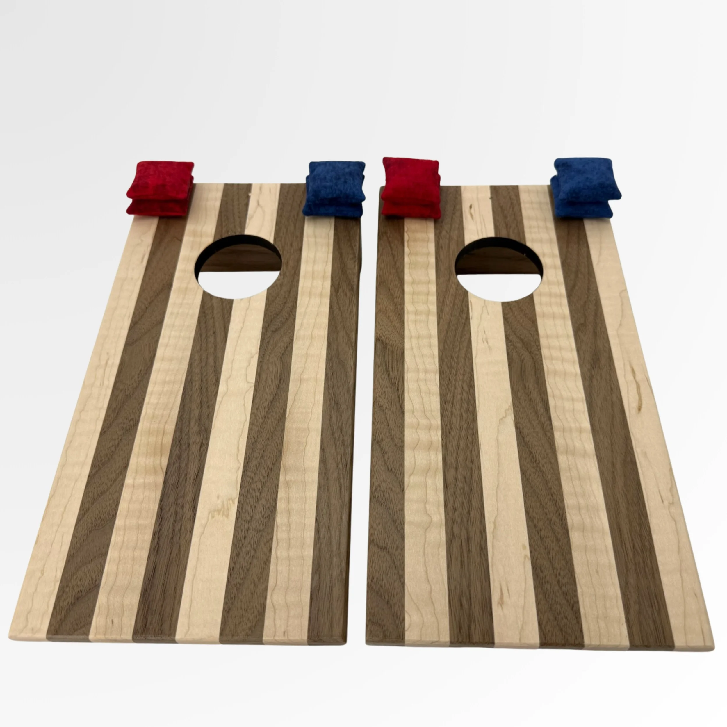 Handcrafted tabletop mini cornhole boards made from solid hardwood, walnut and curly maple stripes description
