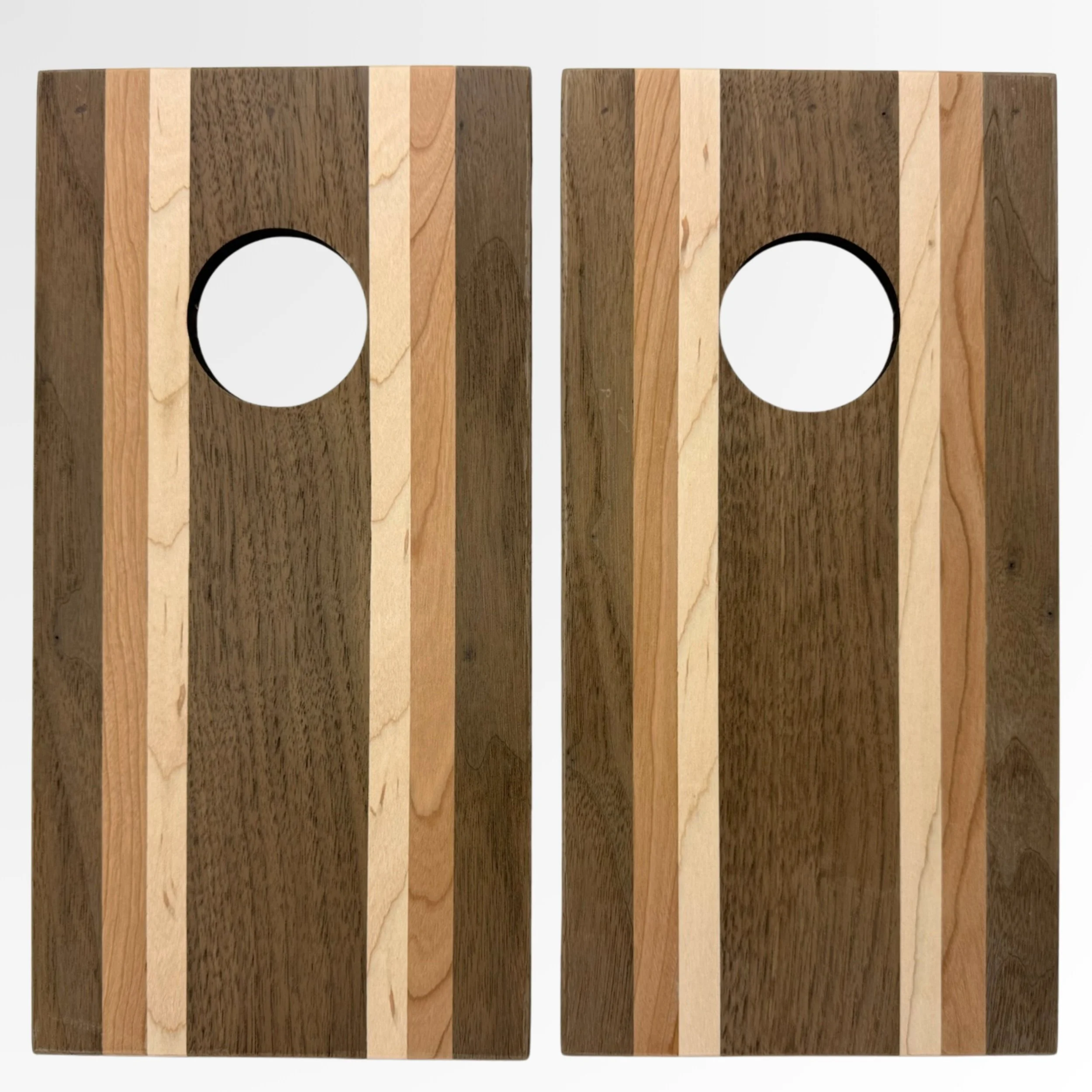 Handcrafted tabletop mini cornhole boards made from solid hardwood, walnut wood with cherry and maple stripes