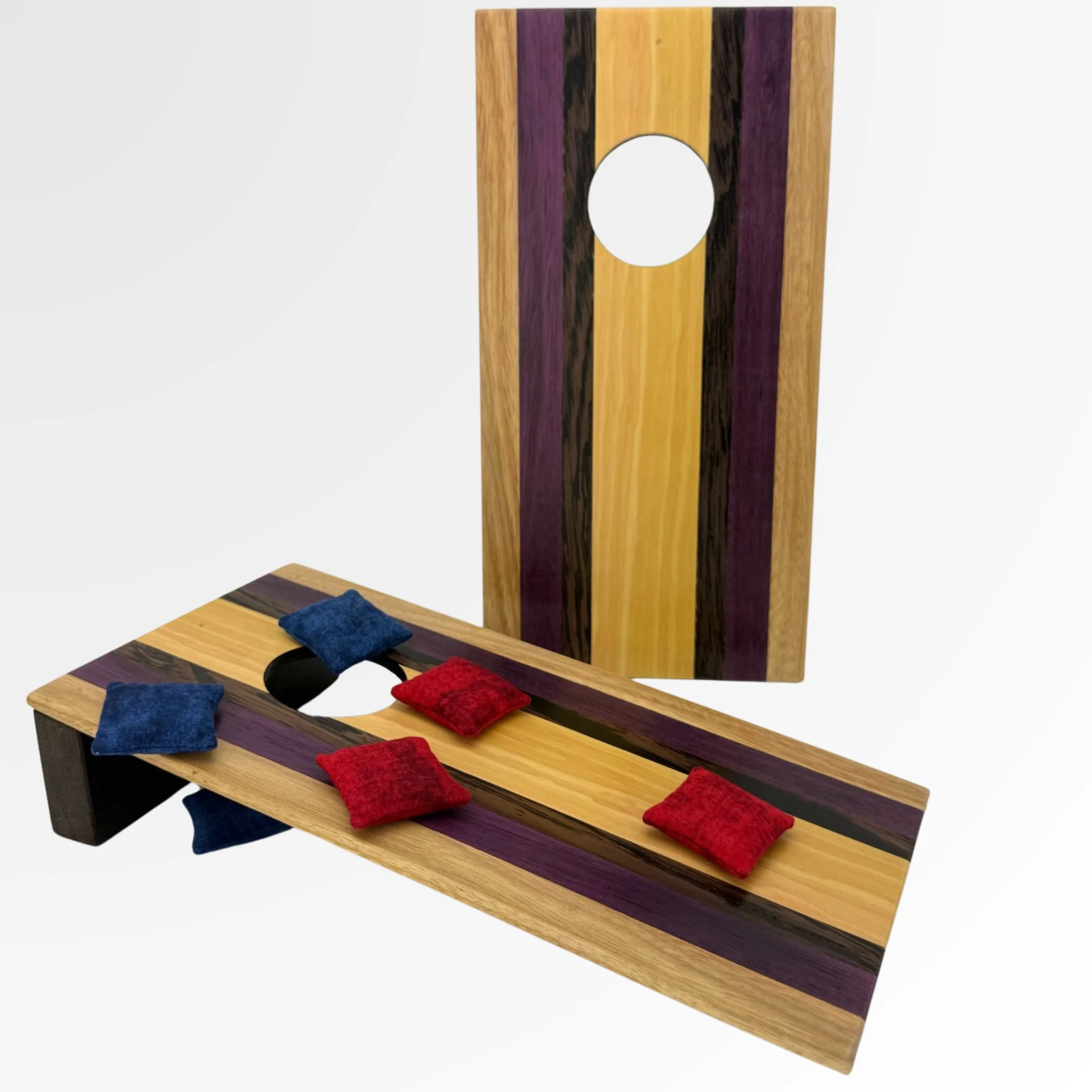 Handcrafted tabletop mini cornhole boards made from solid hardwood, yellow Heart, Purple Heart, wenge
