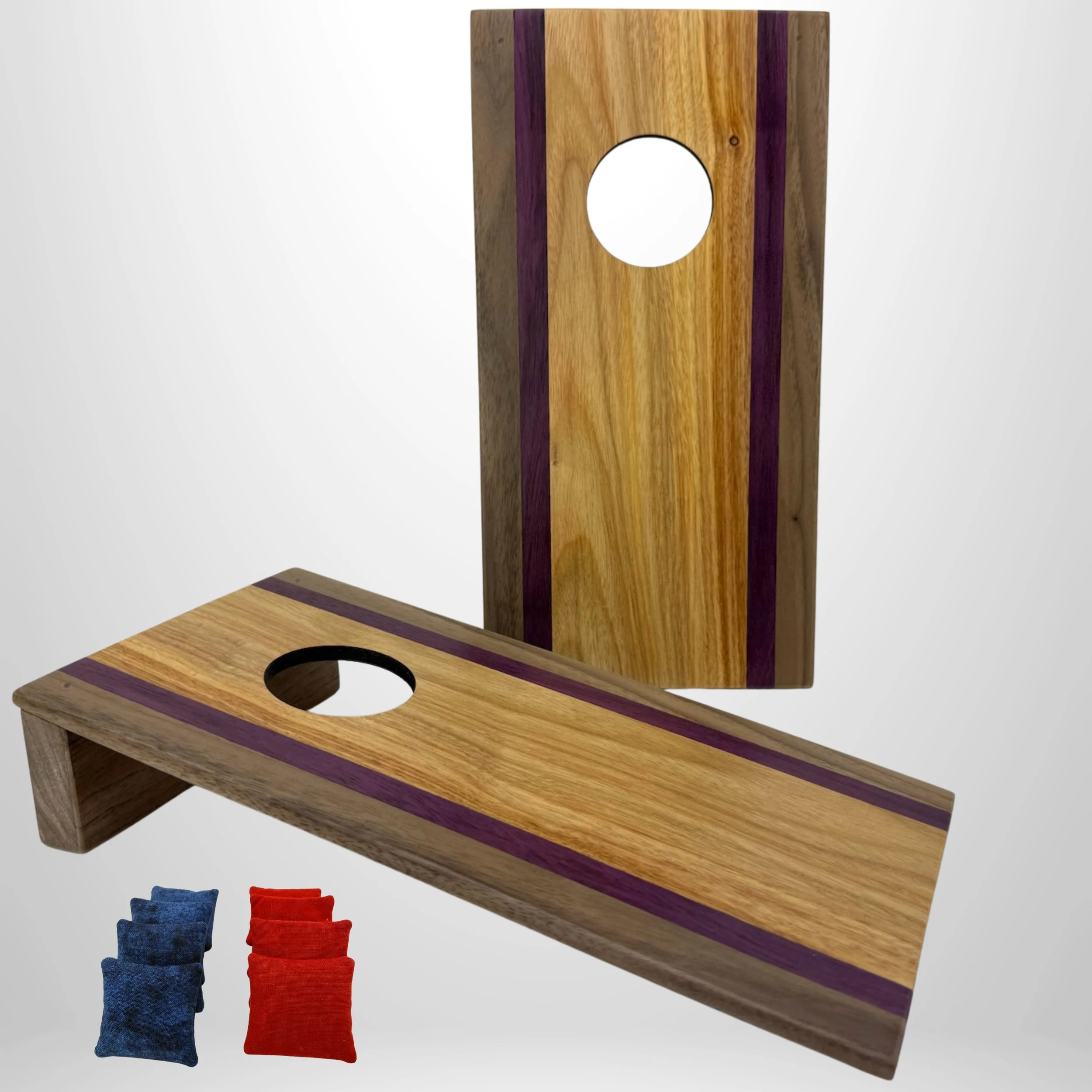 Handcrafted tabletop mini cornhole boards made from solid hardwood, walnut, purple heart, canary