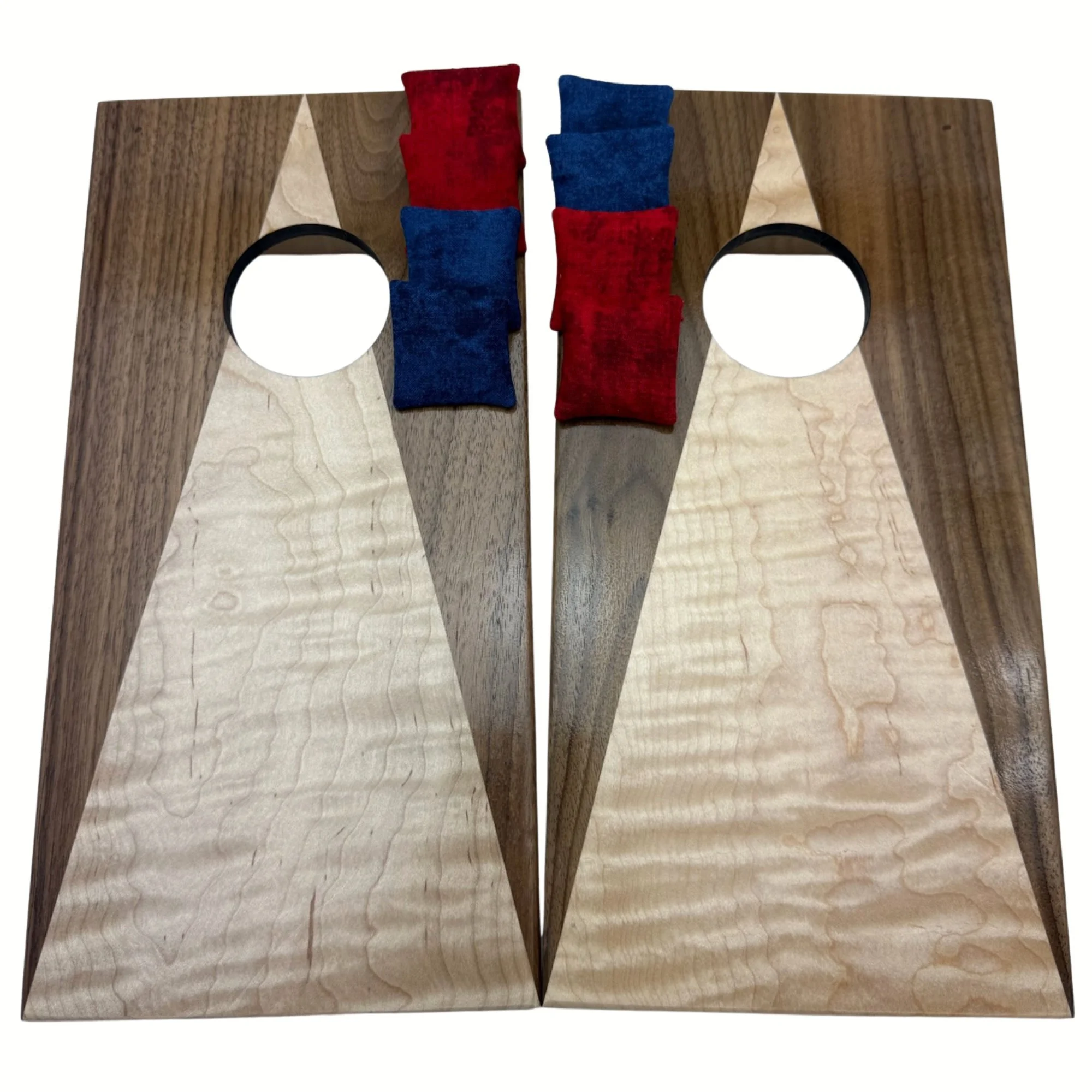 Handcrafted tabletop mini cornhole boards made from solid hardwood, two-toned walnut & maple