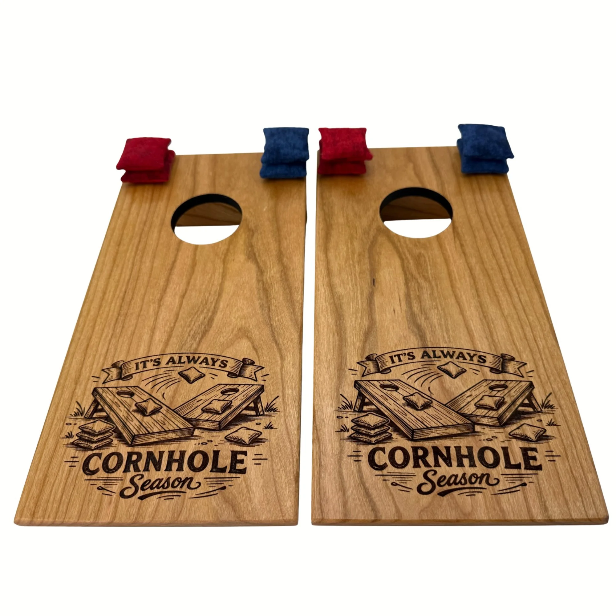 Handcrafted tabletop mini cornhole boards made from solid hardwood, cherry wood, and engraved with cornhole season