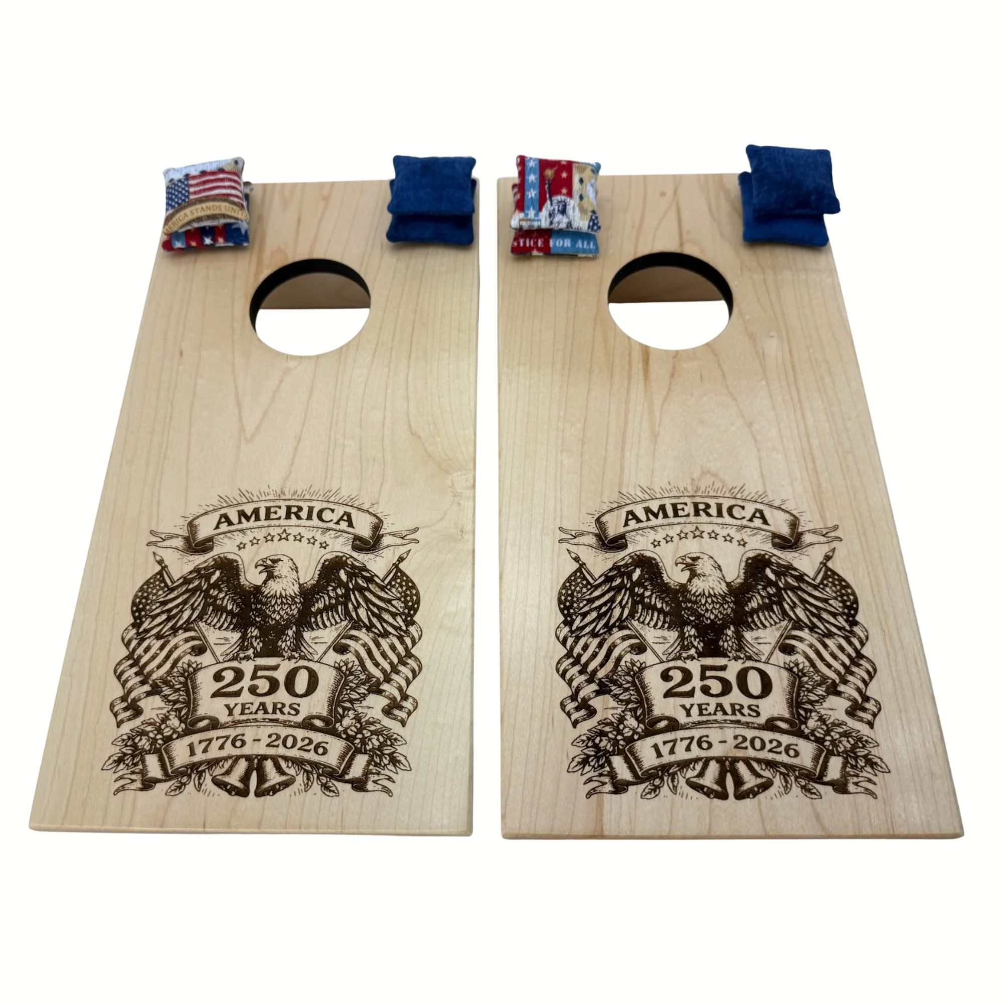 Tabletop cornhole set. USA 250 years design in maple