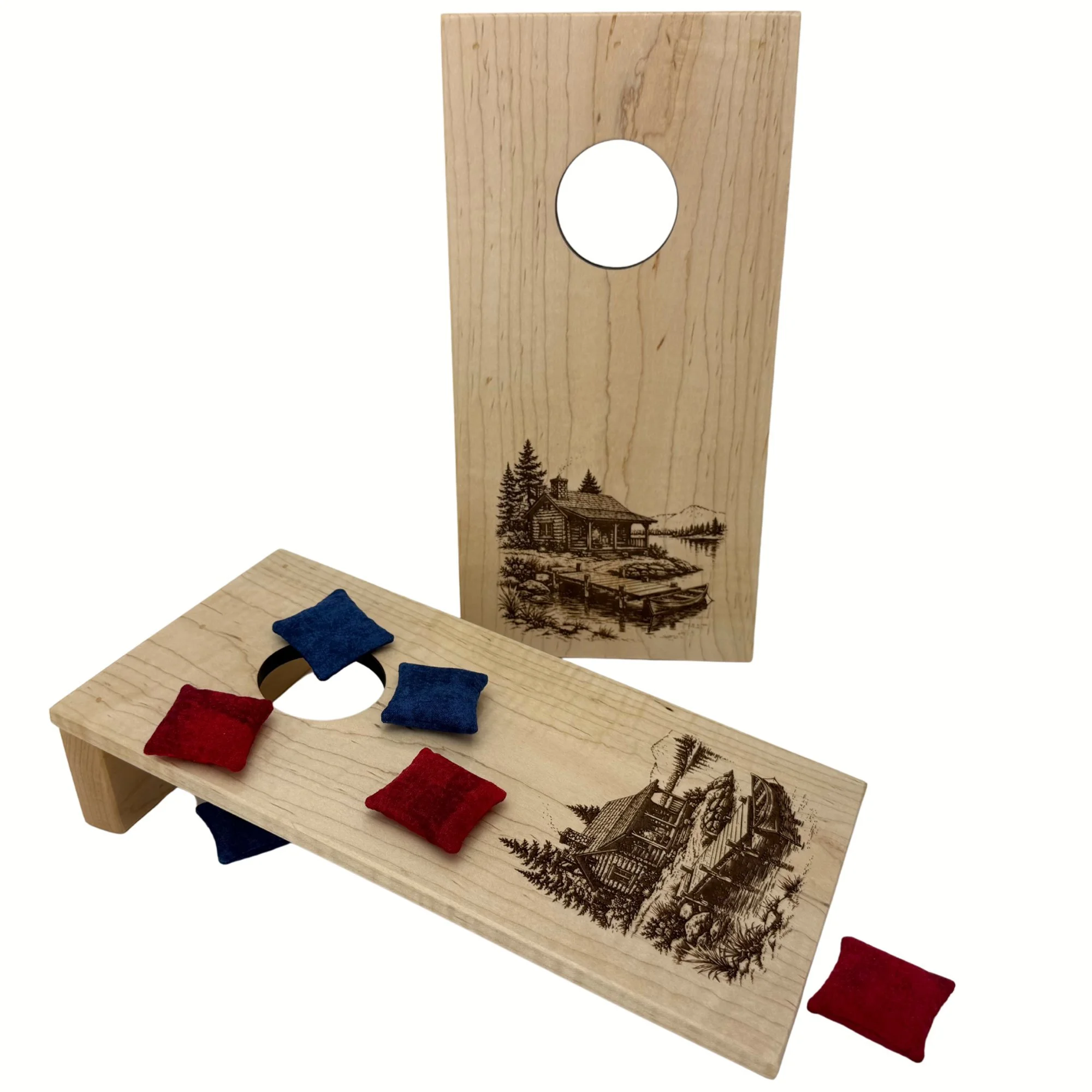 Handcrafted tabletop mini cornhole boards made from solid hardwood, walnut wood, and engraved with a cabin