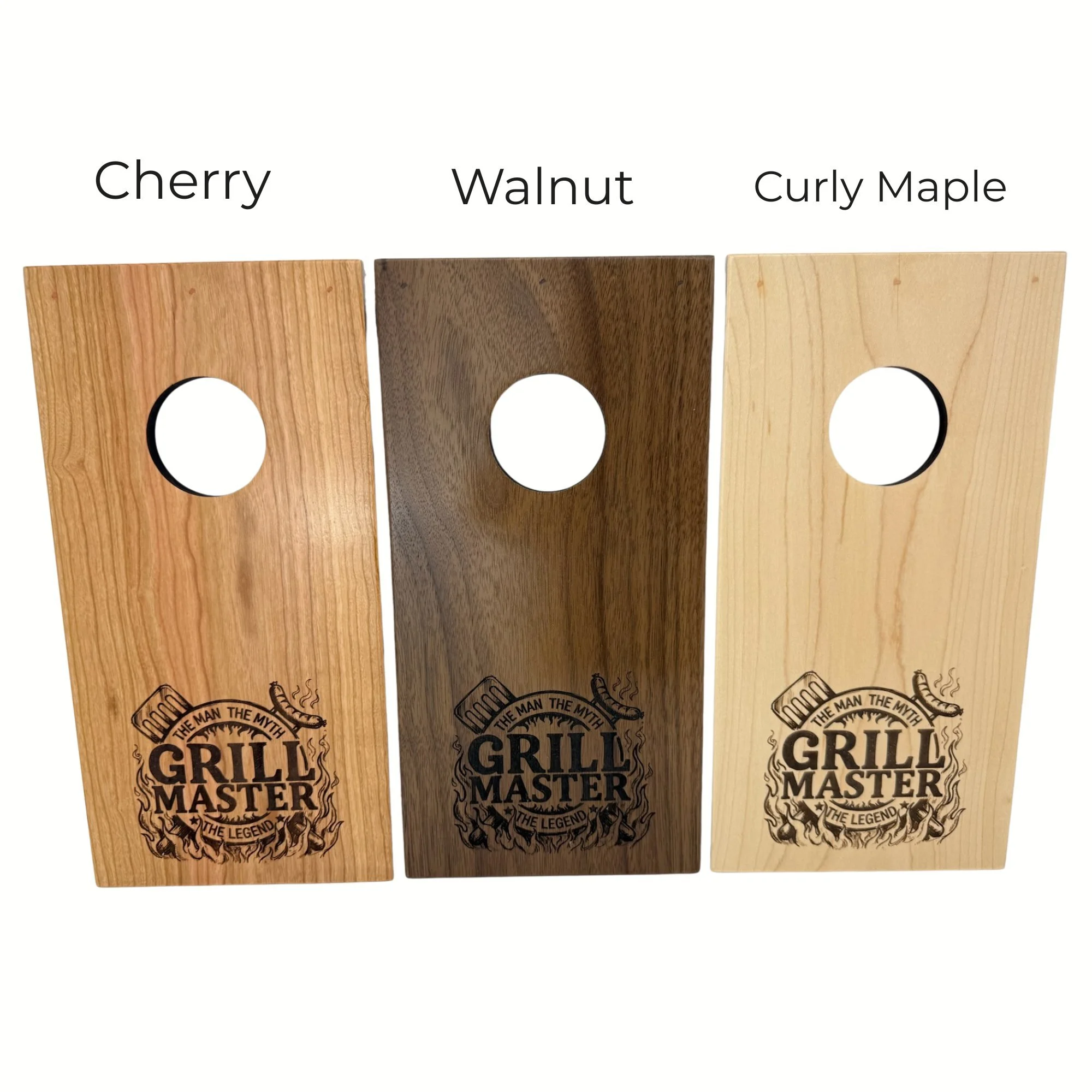 Wood variants for grill master engraving. Maple, Cherry, Walnut