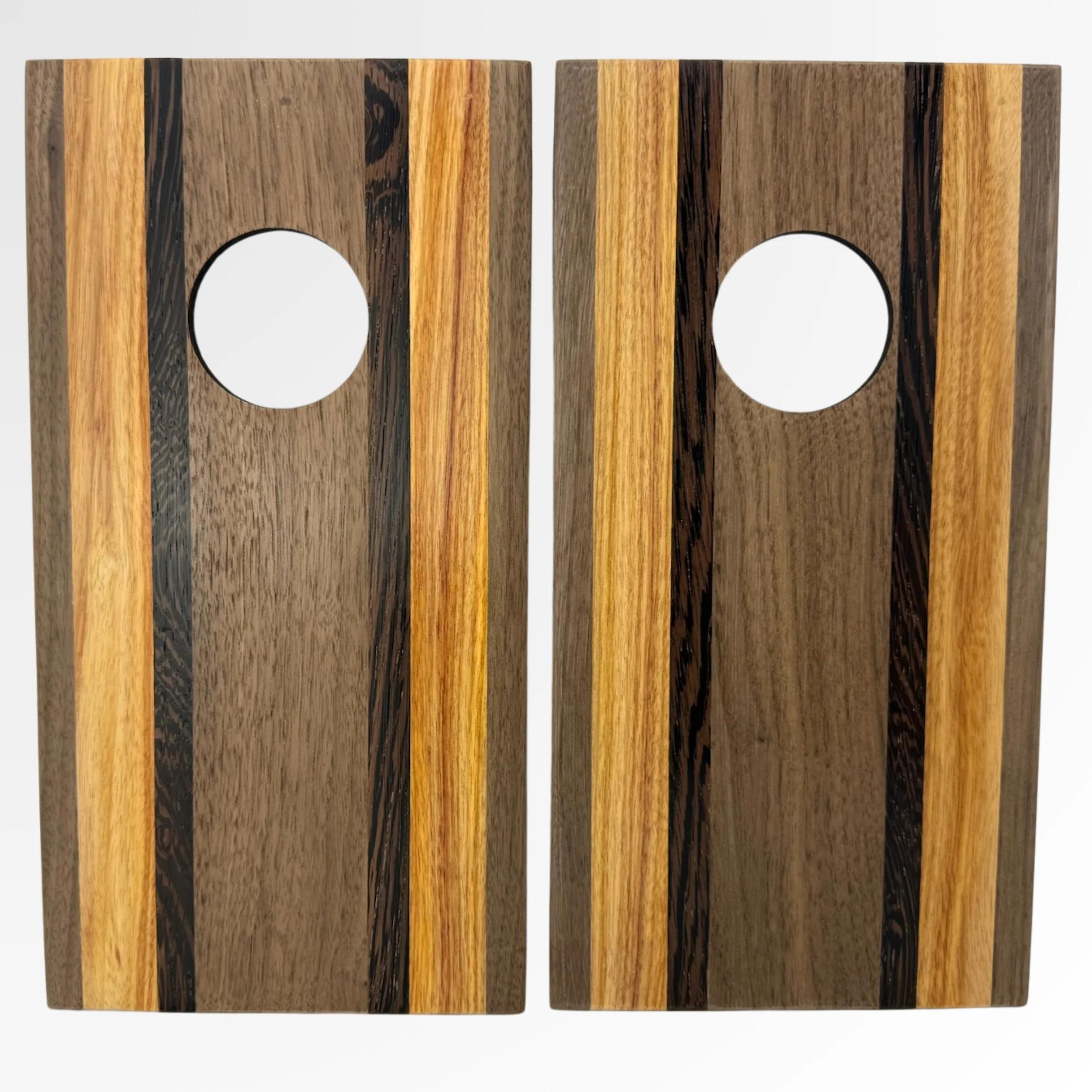 Handcrafted tabletop mini cornhole boards made from solid hardwood, walnut, purple heart, canary