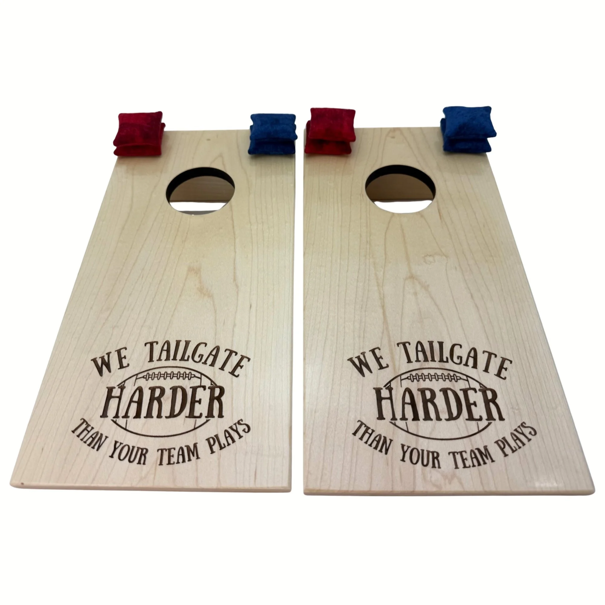 Handcrafted tabletop mini cornhole boards made from solid hardwood, maple wood, and engraved with tailgating