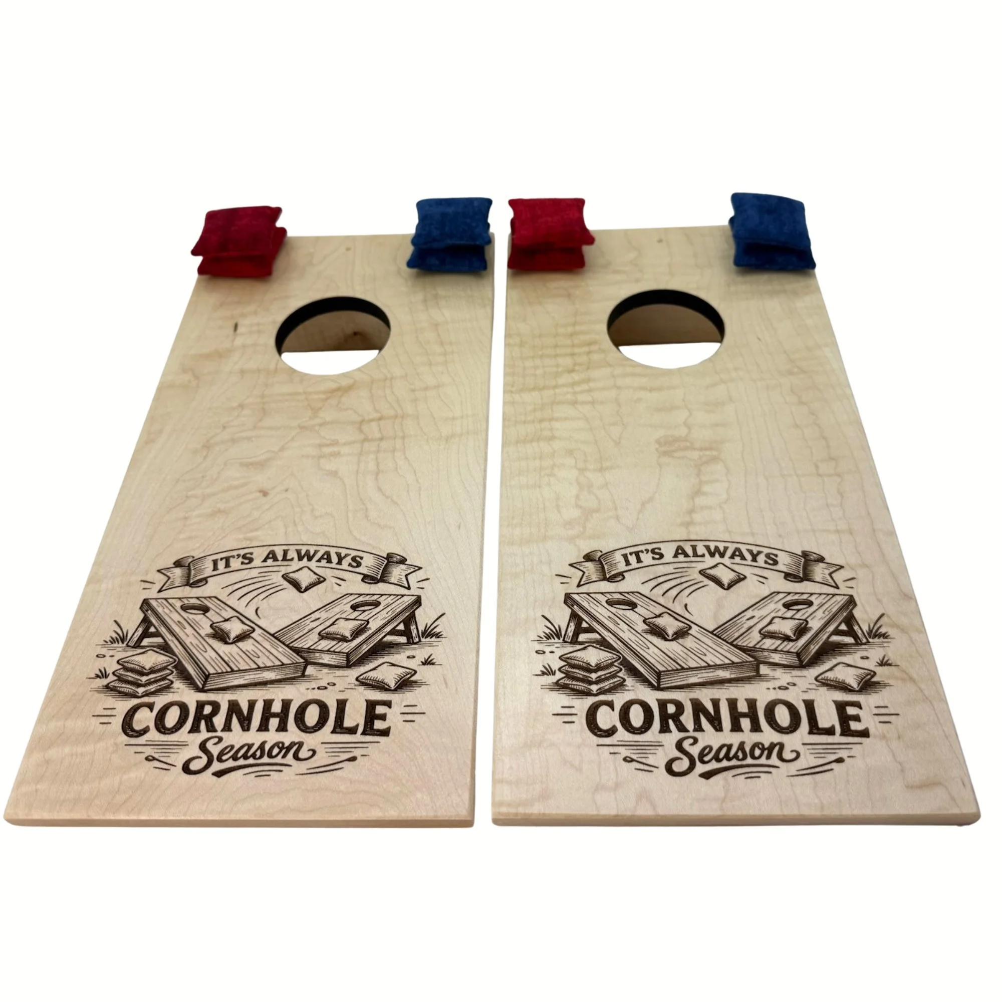 Handcrafted tabletop mini cornhole boards made from solid hardwood, maple wood, and engraved with cornhole season