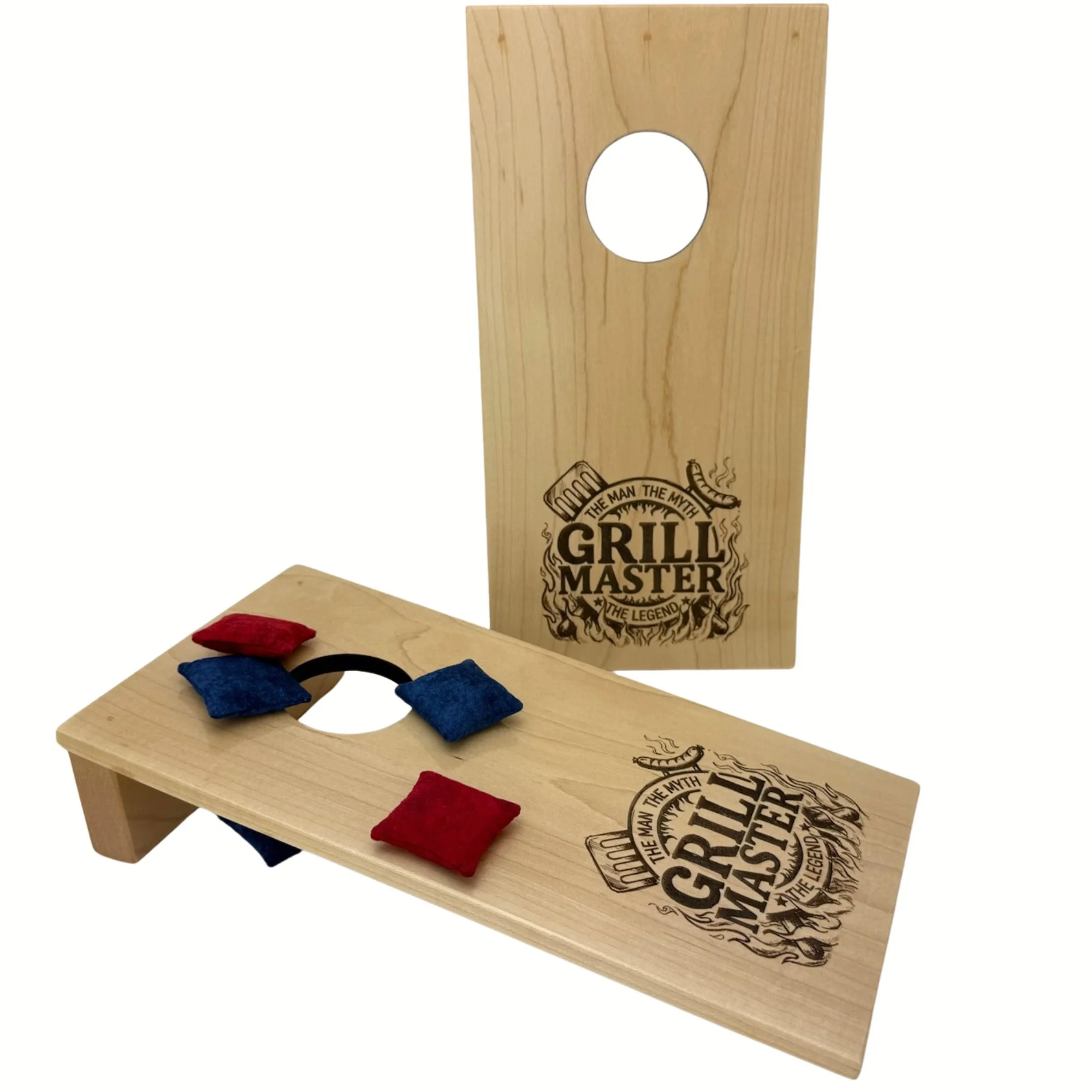 Handcrafted tabletop mini cornhole boards made from solid hardwood, maple wood, and engraved with grill master
