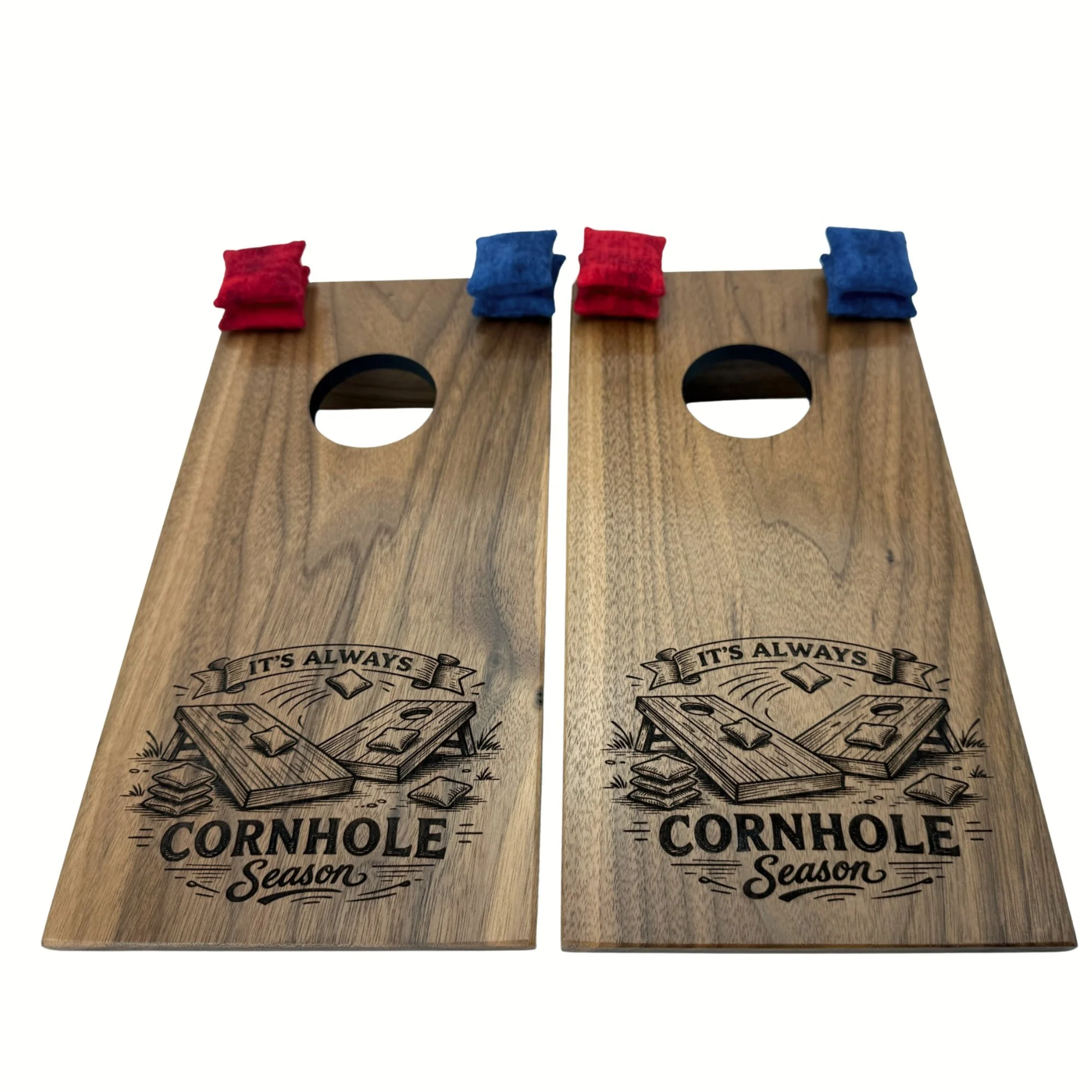 Handcrafted tabletop mini cornhole boards made from solid hardwood, walnut wood, and engraved with cornhole season