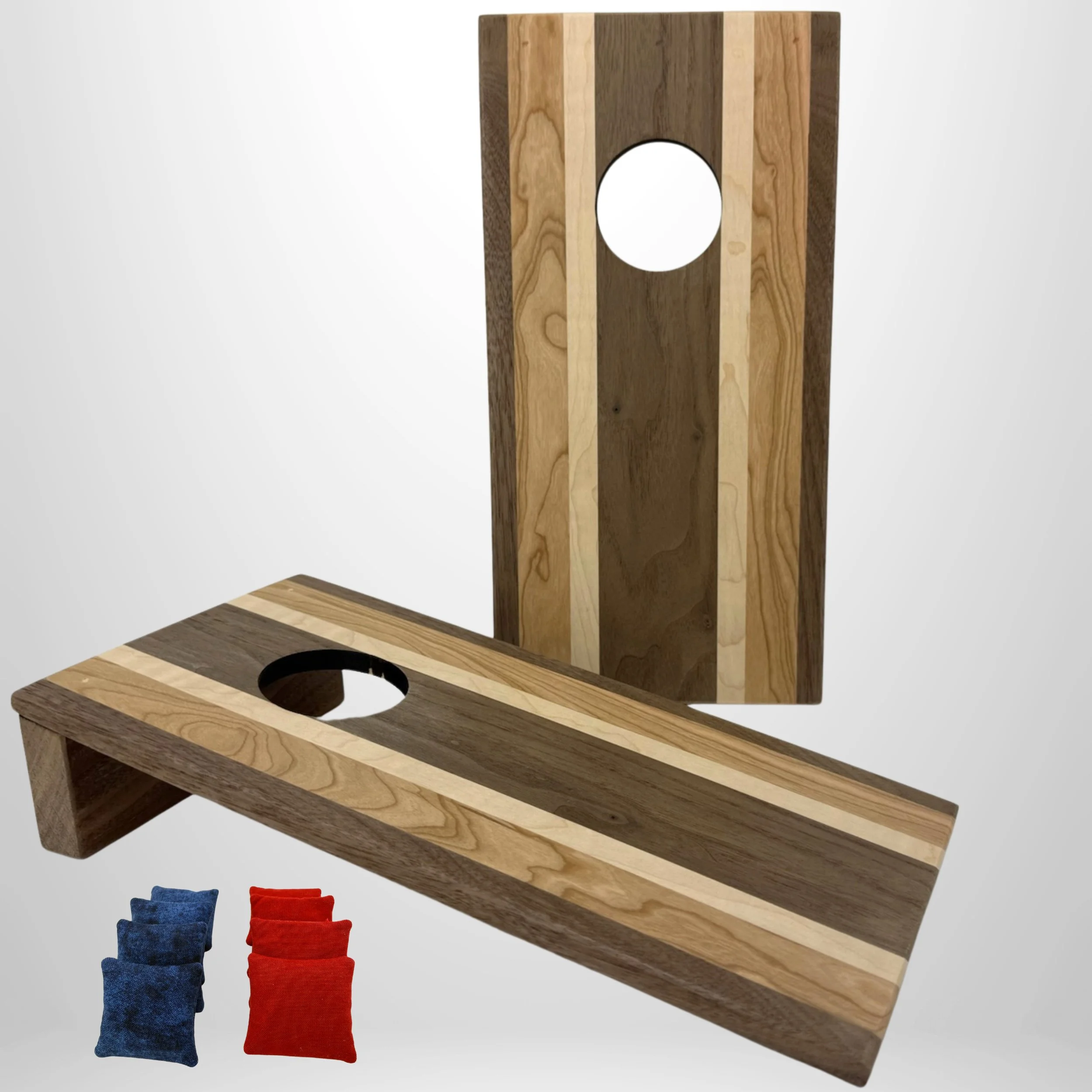 Handcrafted tabletop mini cornhole boards made from solid hardwood, walnut, cherry, curly maple