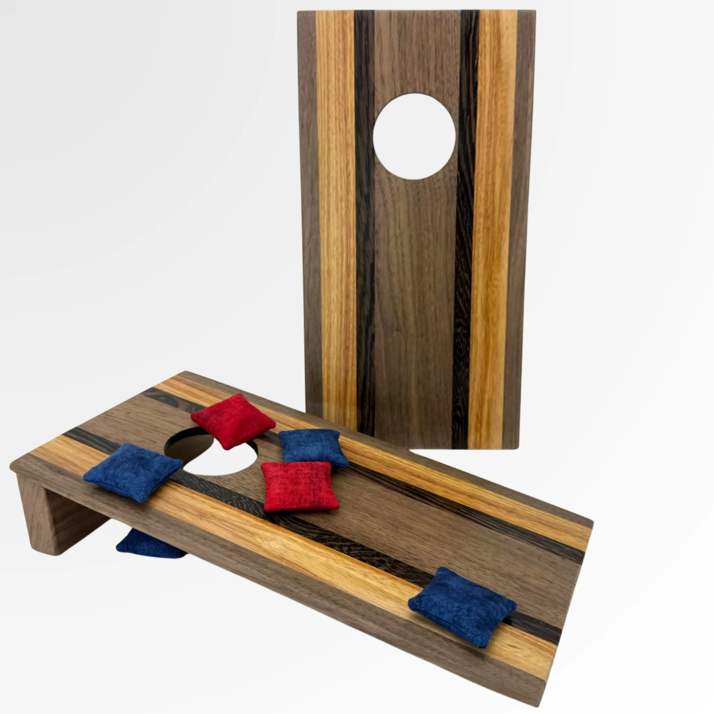 Handcrafted tabletop mini cornhole boards made from solid hardwood, walnut, purple heart, canary