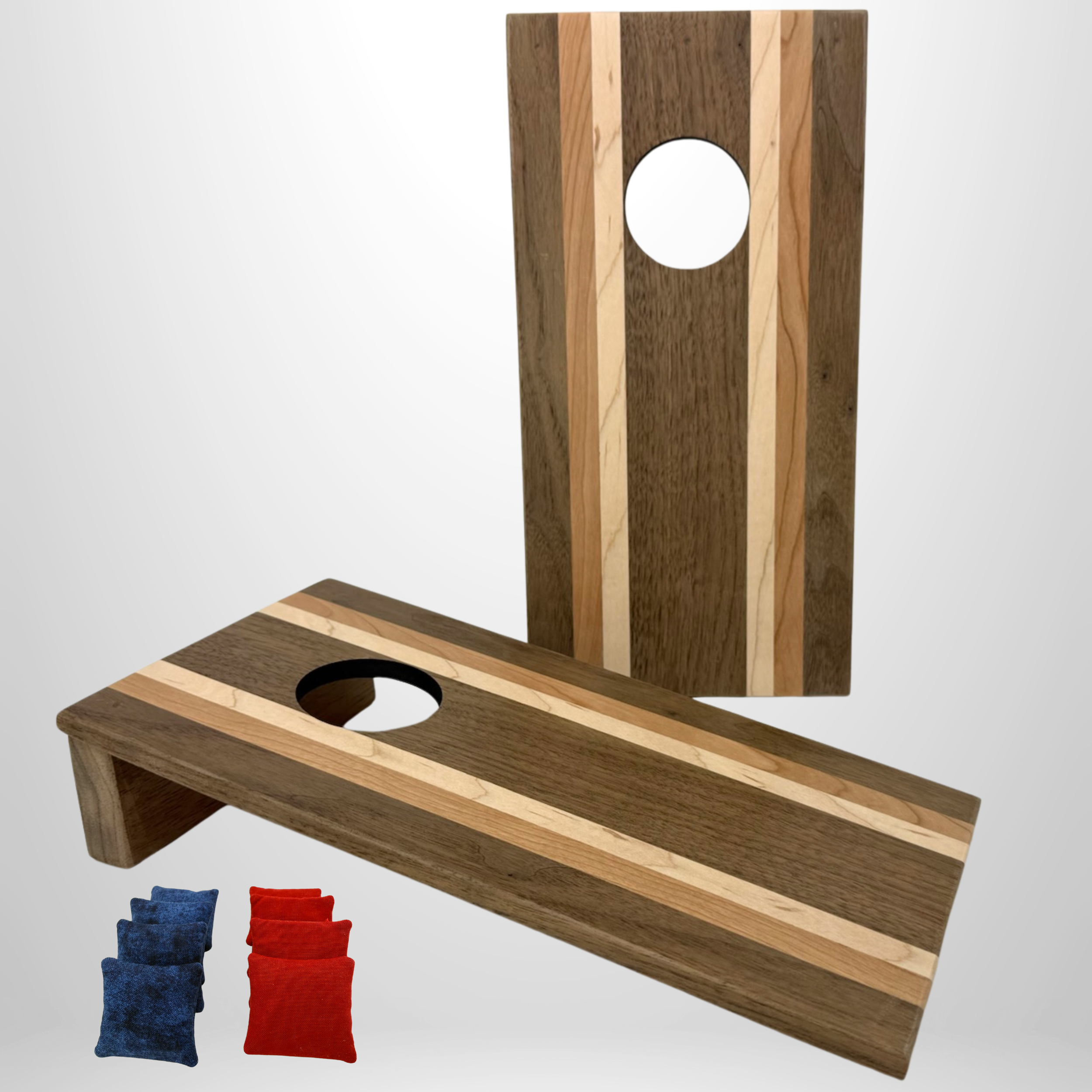 Handcrafted tabletop mini cornhole boards made from solid hardwood, walnut wood with cherry and maple stripes