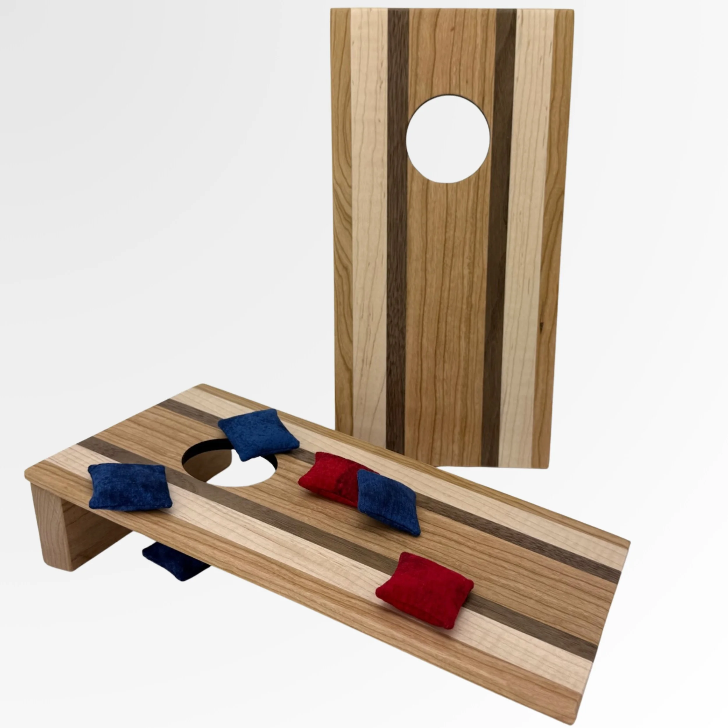 Handcrafted tabletop mini cornhole boards made from solid hardwood,  Zebra, wenge, curly maple