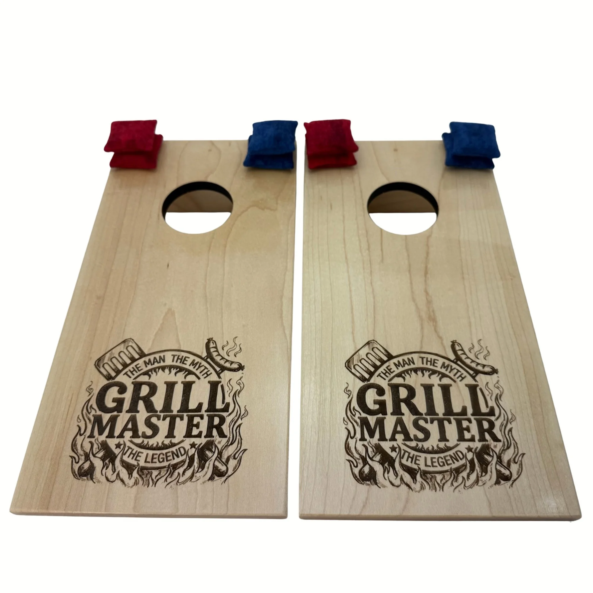 Handcrafted tabletop mini cornhole boards made from solid hardwood, maple wood, and engraved with grill master
