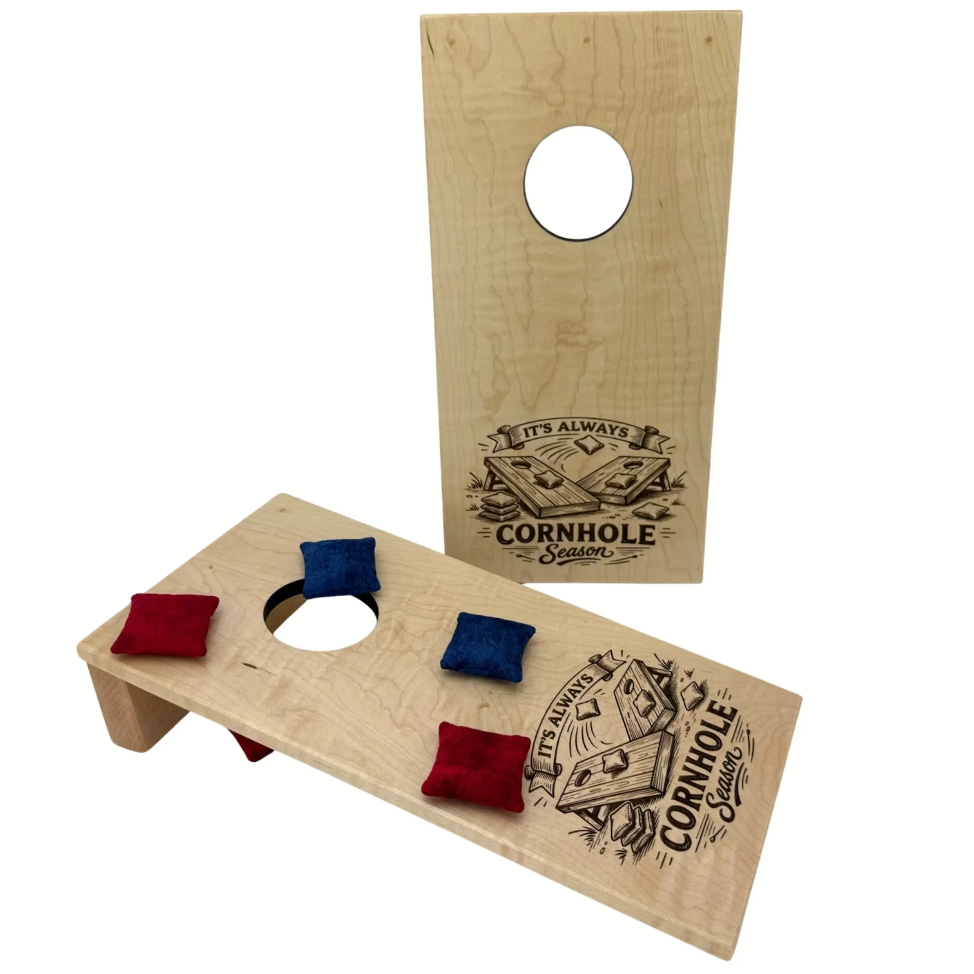 Handcrafted tabletop mini cornhole boards made from solid hardwood, maple wood, and engraved with cornhole season