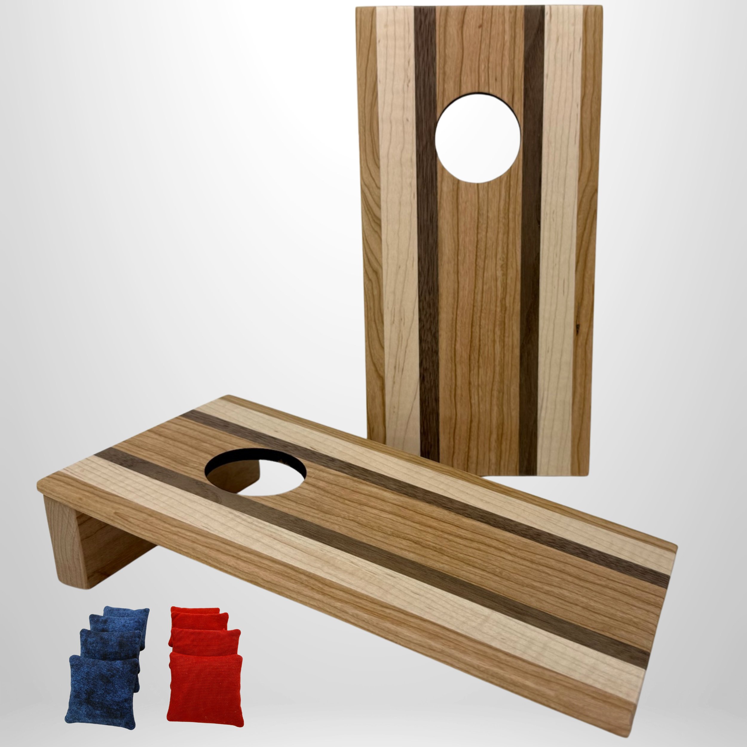 Handcrafted tabletop mini cornhole boards made from solid hardwood,  Zebra, wenge, curly maple
