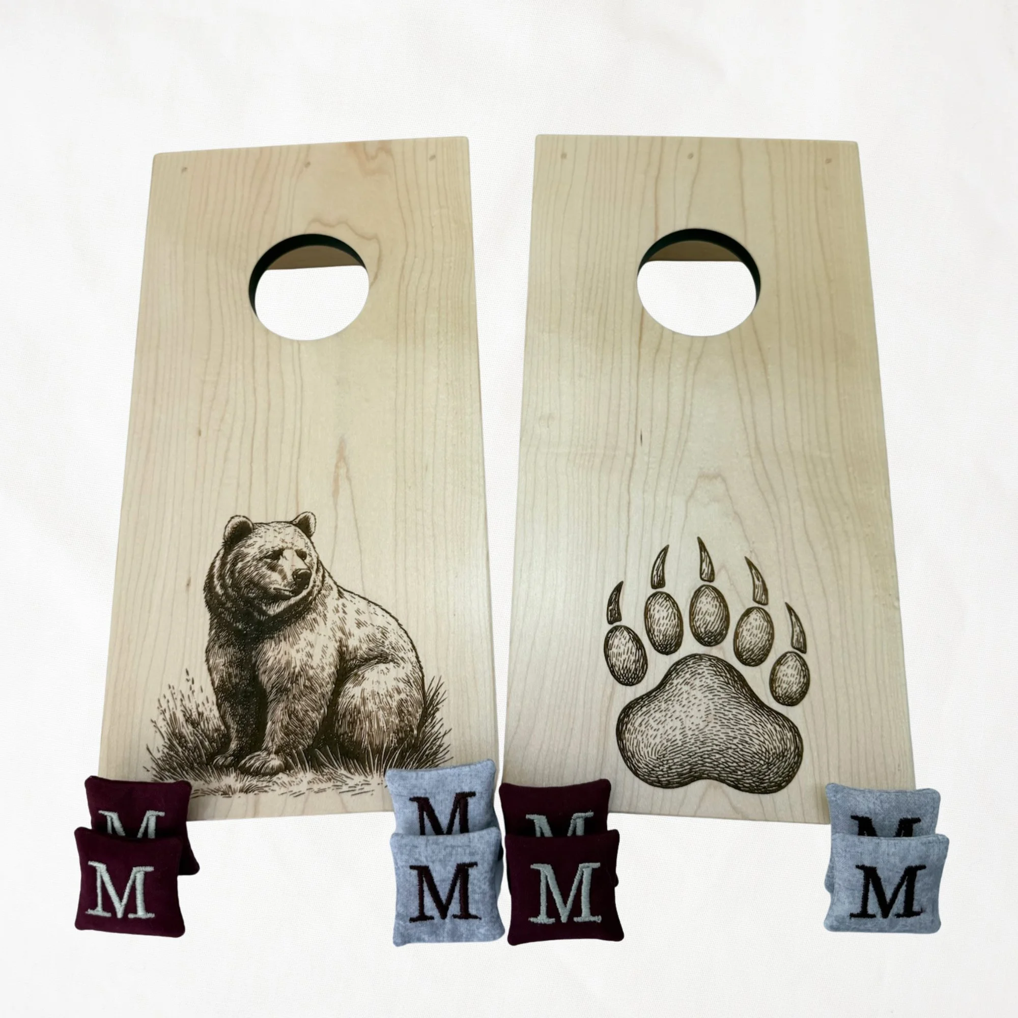 Handcrafted tabletop mini cornhole boards made from solid hardwood, maple wood, engraved with grizzly