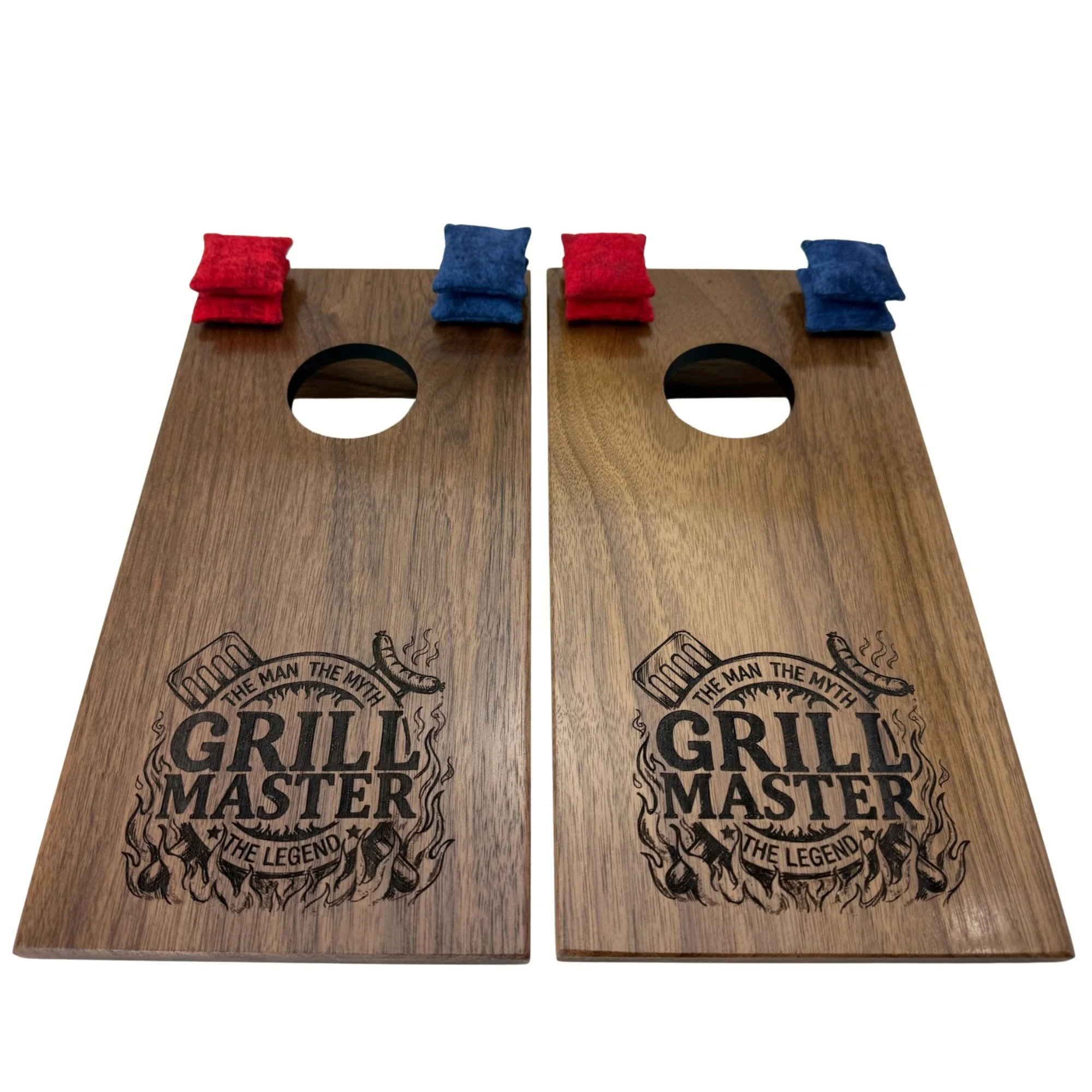 Handcrafted tabletop mini cornhole boards made from solid hardwood, cherry wood, and engraved with grill master
