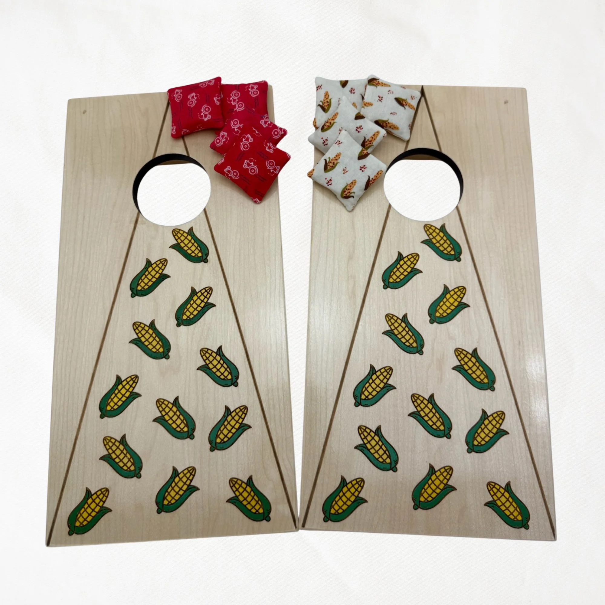 Handcrafted tabletop mini cornhole boards made from solid hardwood, maple wood, engraved with corn