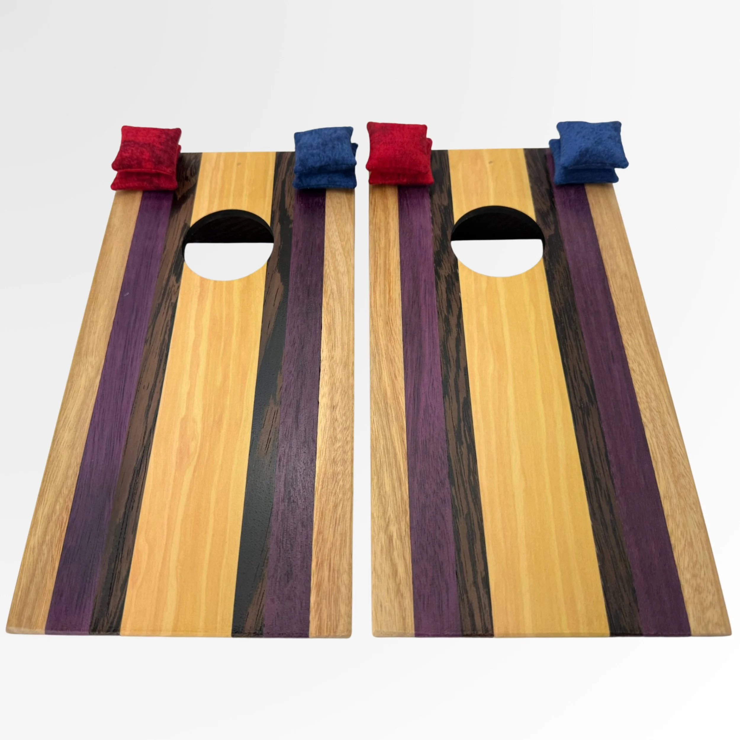 Handcrafted tabletop mini cornhole boards made from solid hardwood, yellow Heart, Purple Heart, wenge