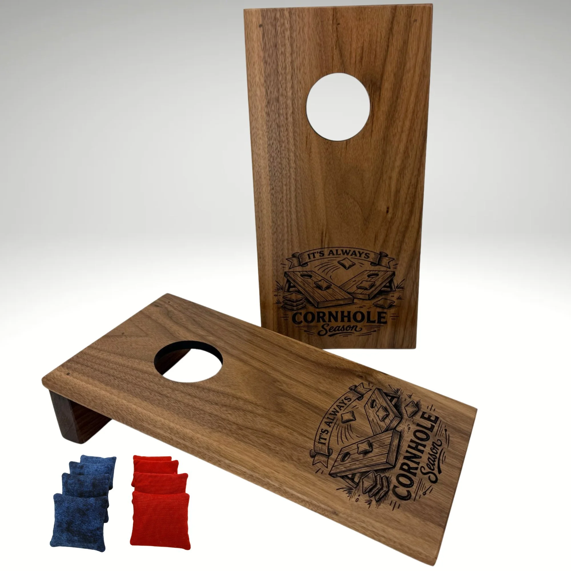 Handcrafted tabletop mini cornhole boards made from solid hardwood, walnut wood, and engraved with cornhole season