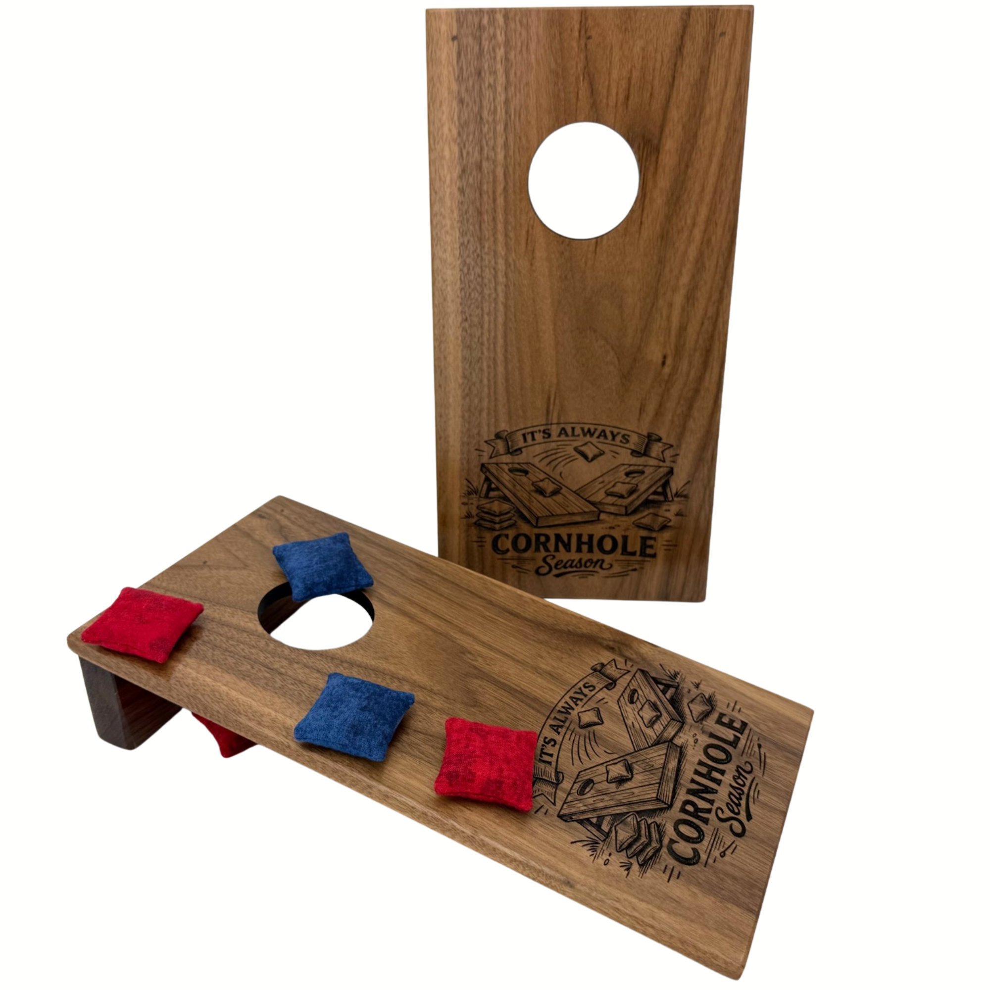 Handcrafted tabletop mini cornhole boards made from solid hardwood, walnut wood, and engraved with cornhole season
