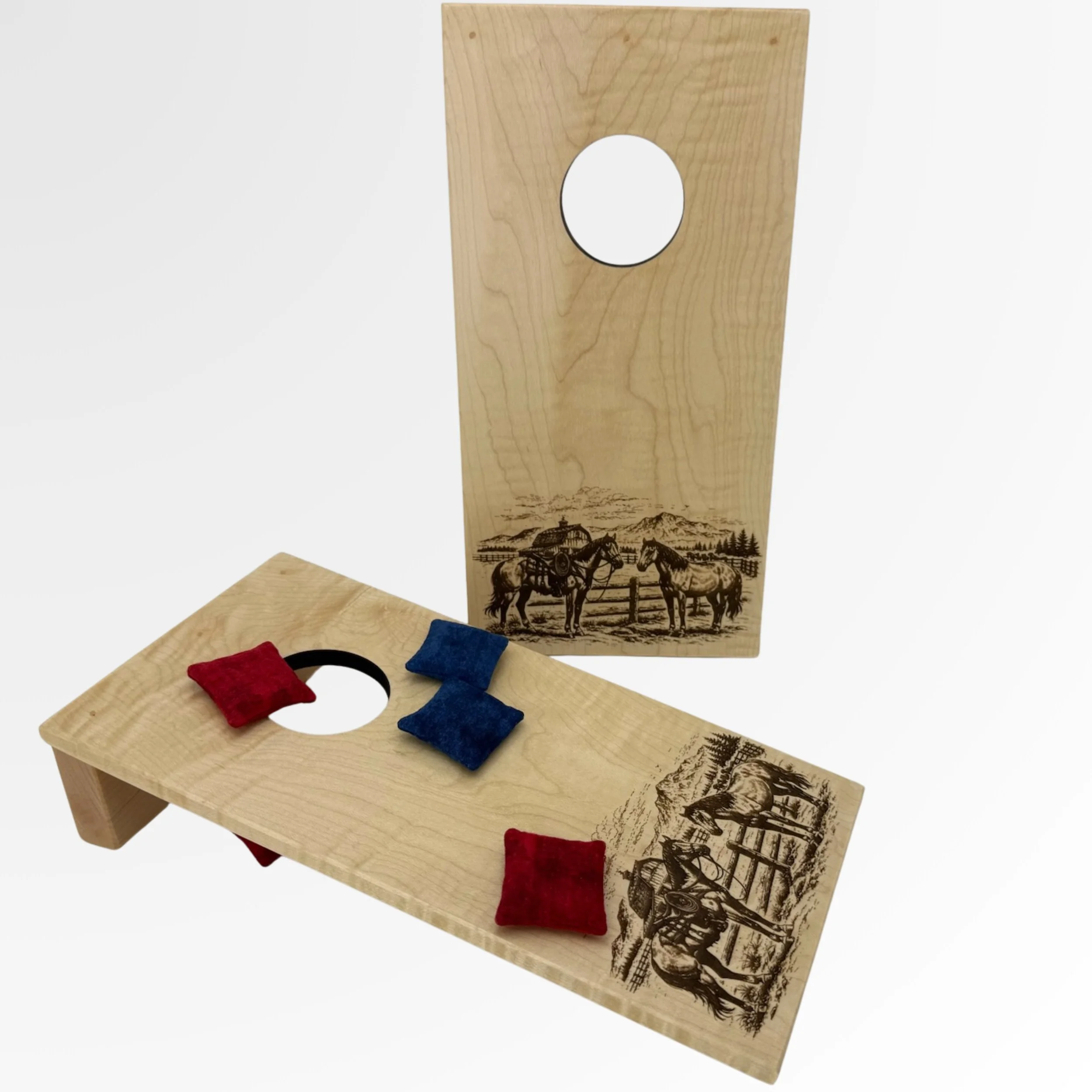 Handcrafted tabletop mini cornhole boards made from solid hardwood, maple wood engraved with ranch scene