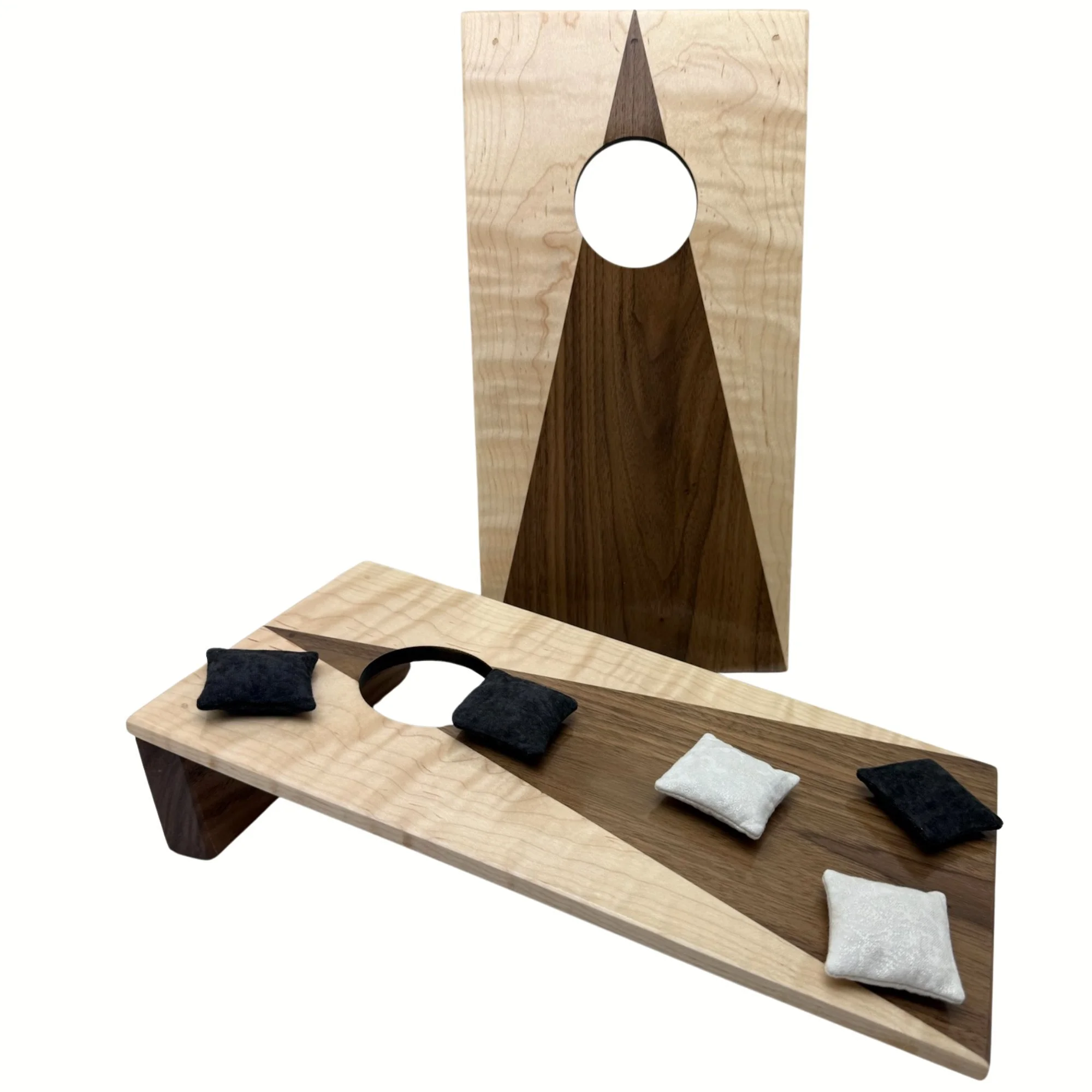 Handcrafted tabletop mini cornhole boards made from solid hardwood, two-toned maple & walnut