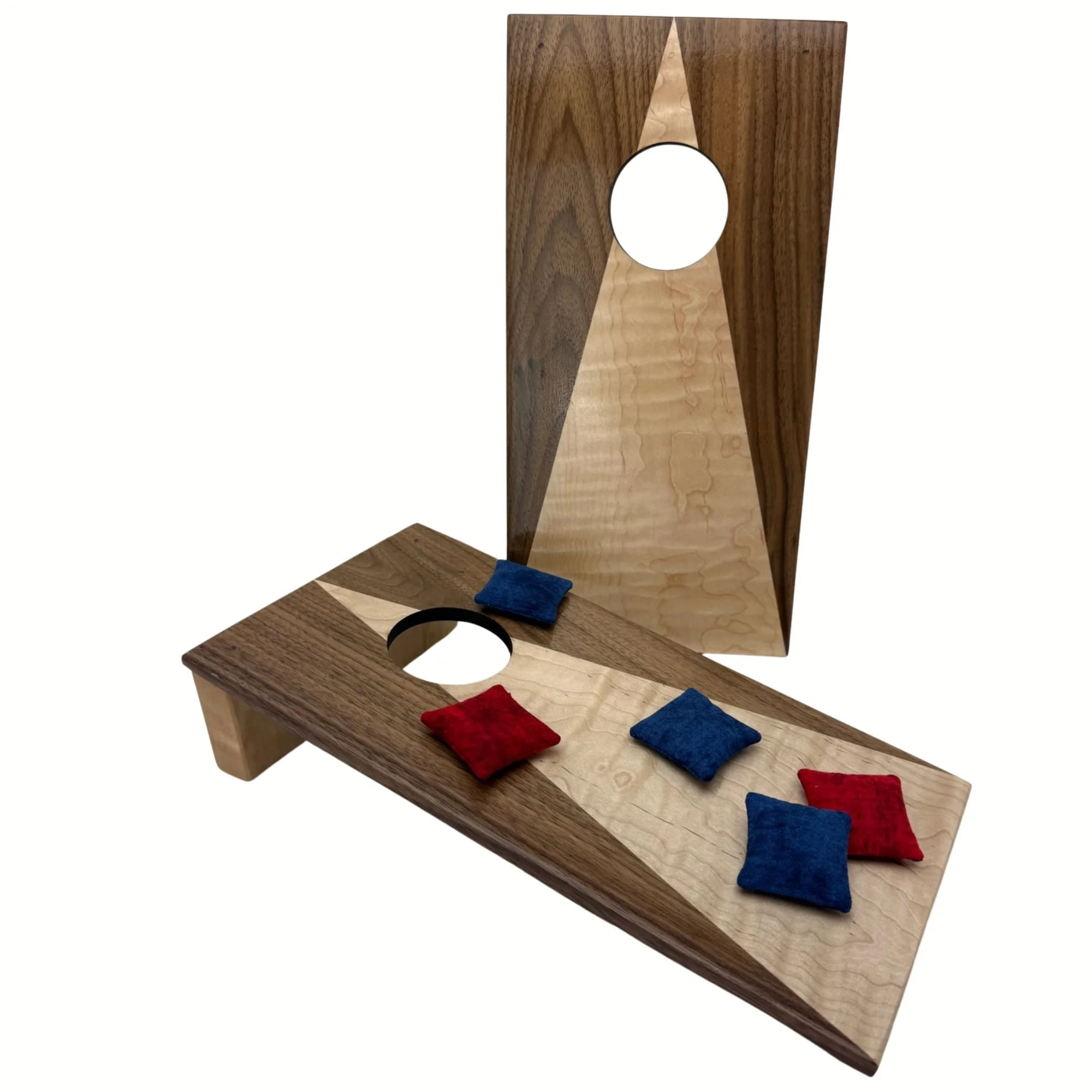 Handcrafted tabletop mini cornhole boards made from solid hardwood, two-toned walnut & maple