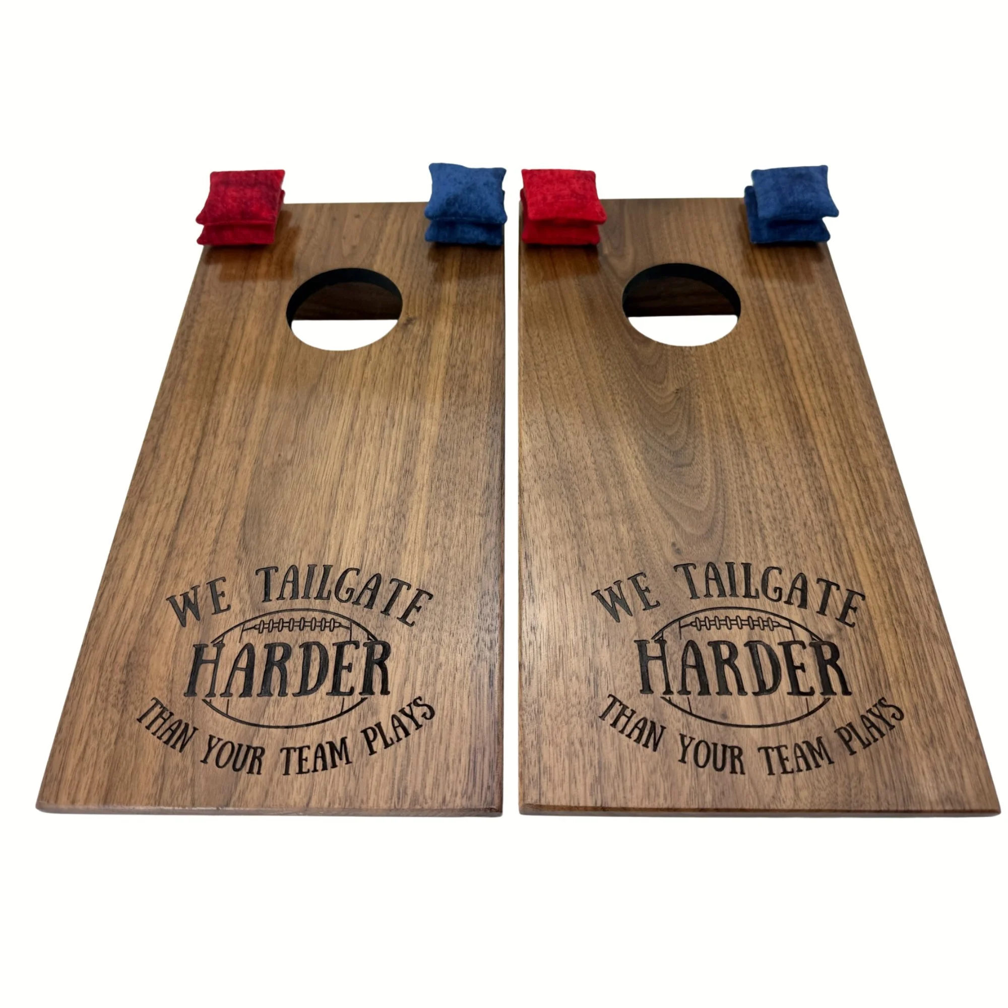 Handcrafted tabletop mini cornhole boards made from solid hardwood, walnut wood, and engraved with tailgating