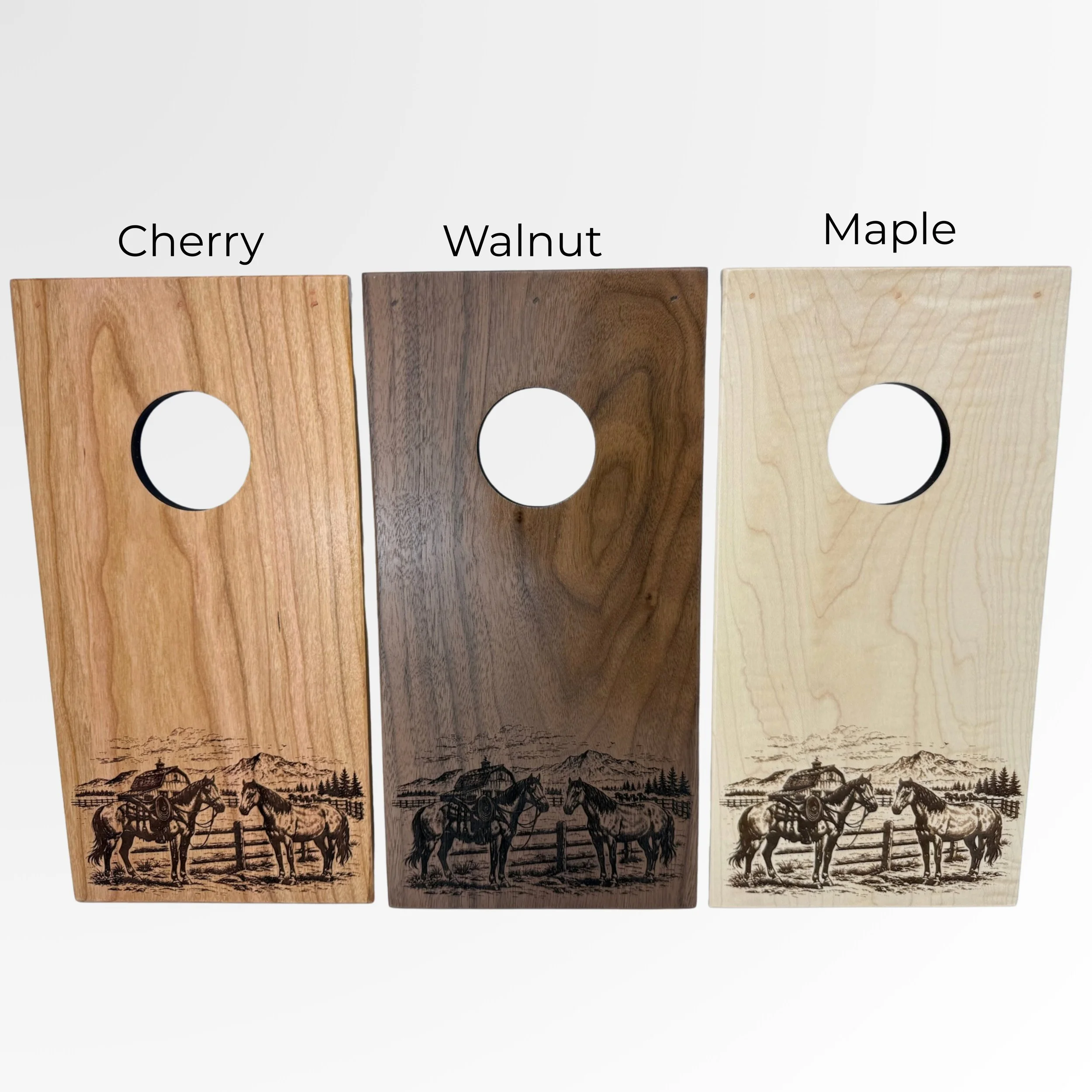 Wood variants for the ranch scene engraving. Maple, Cherry, Walnut