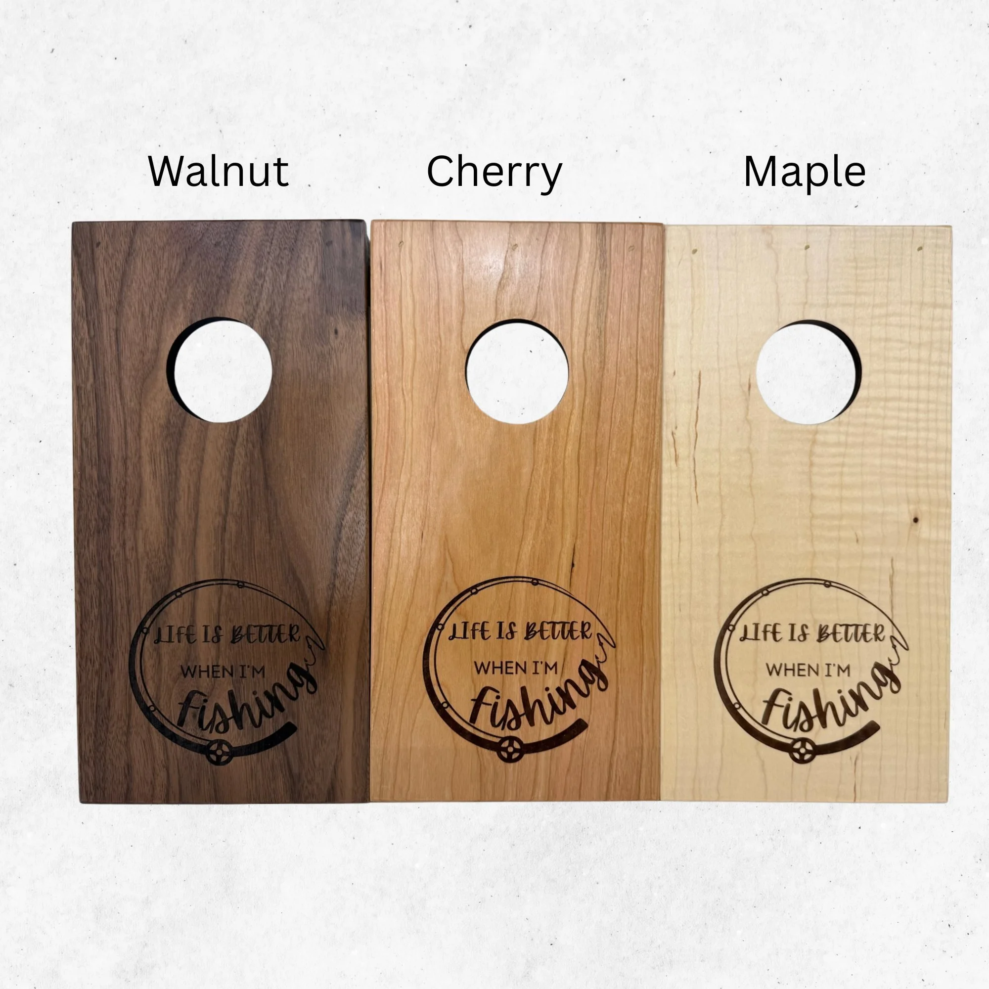 Wood variants for fishing life engraving. Maple, Cherry, Walnut