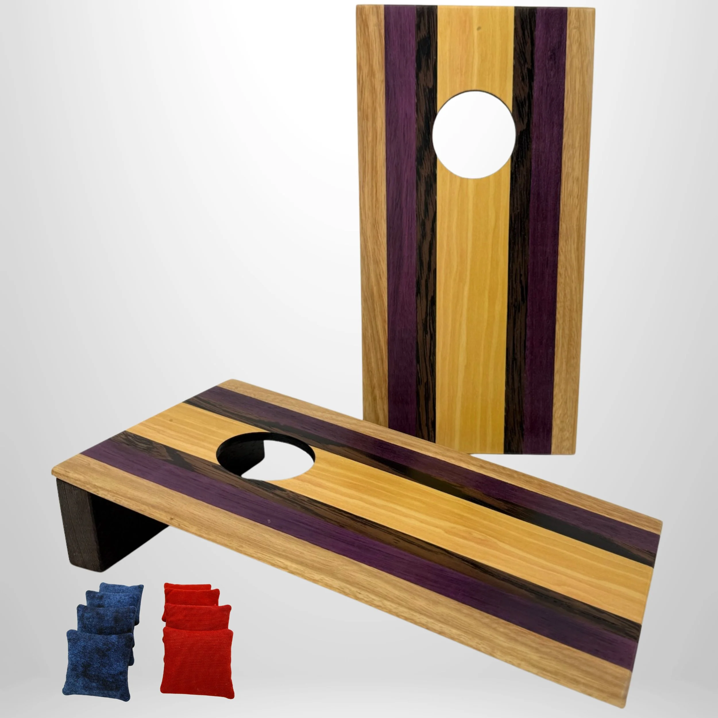 Handcrafted tabletop mini cornhole boards made from solid hardwood, yellow Heart, Purple Heart, wenge