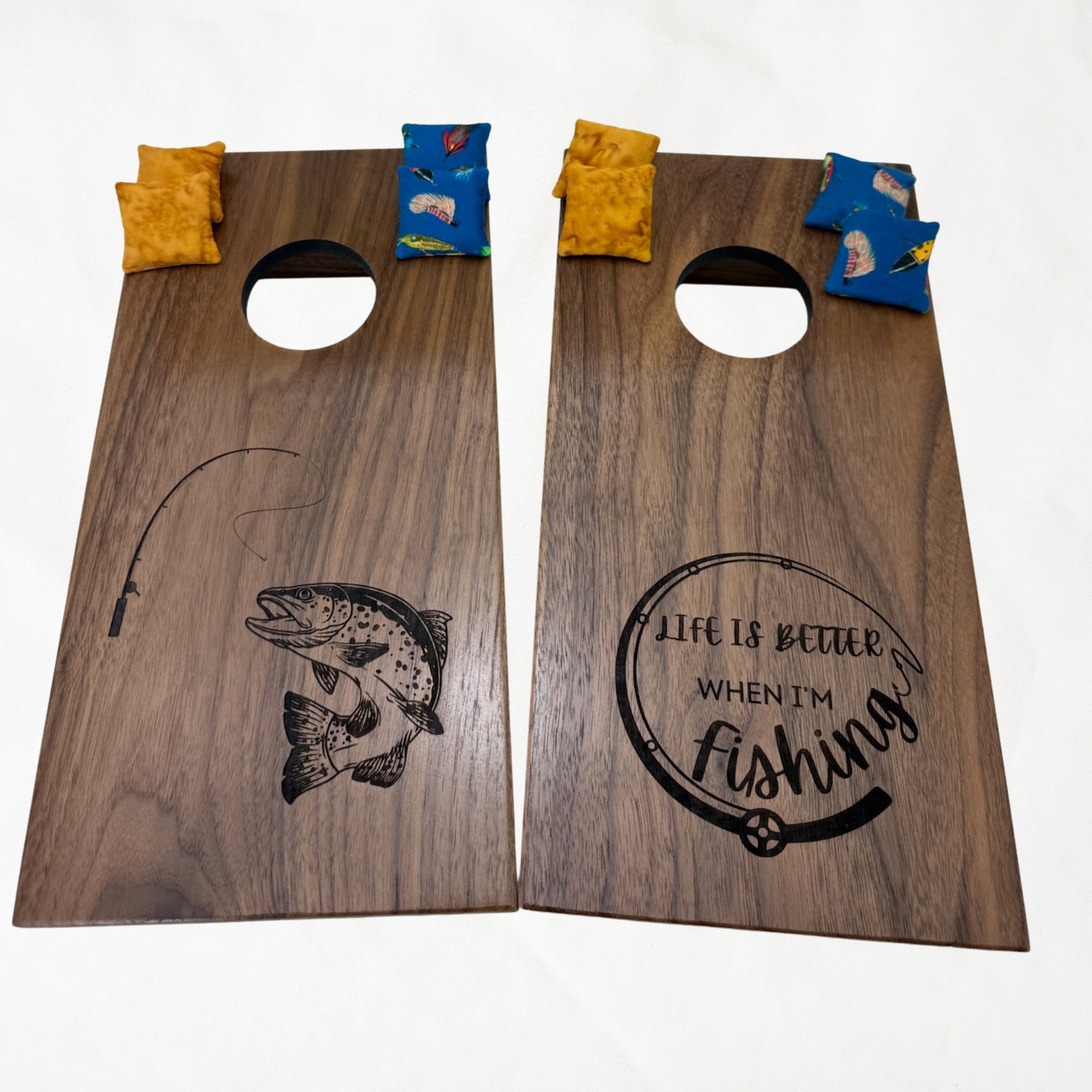 Handcrafted tabletop mini cornhole boards made from solid hardwood, walnut wood, engraved with fishing life