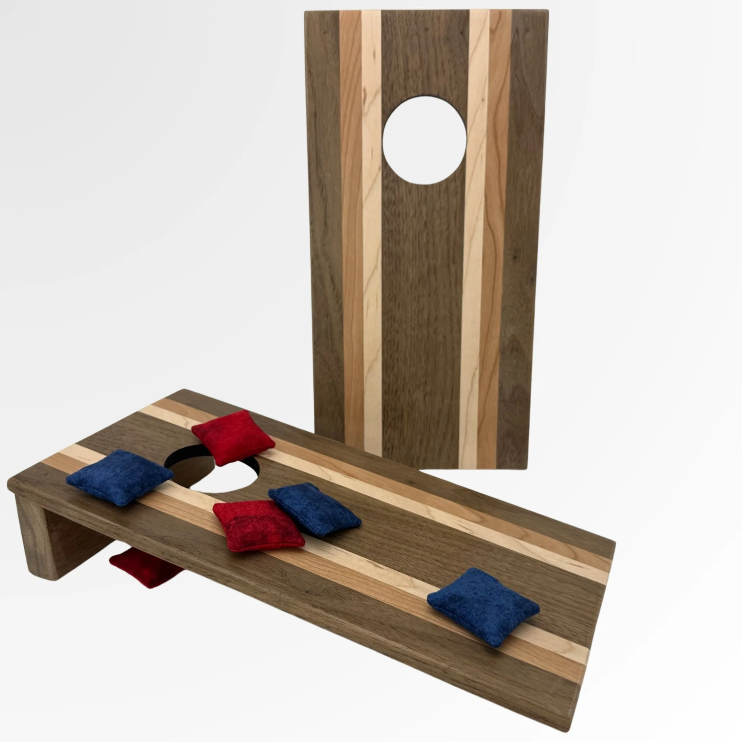 Handcrafted tabletop mini cornhole boards made from solid hardwood, walnut wood with cherry and maple stripes