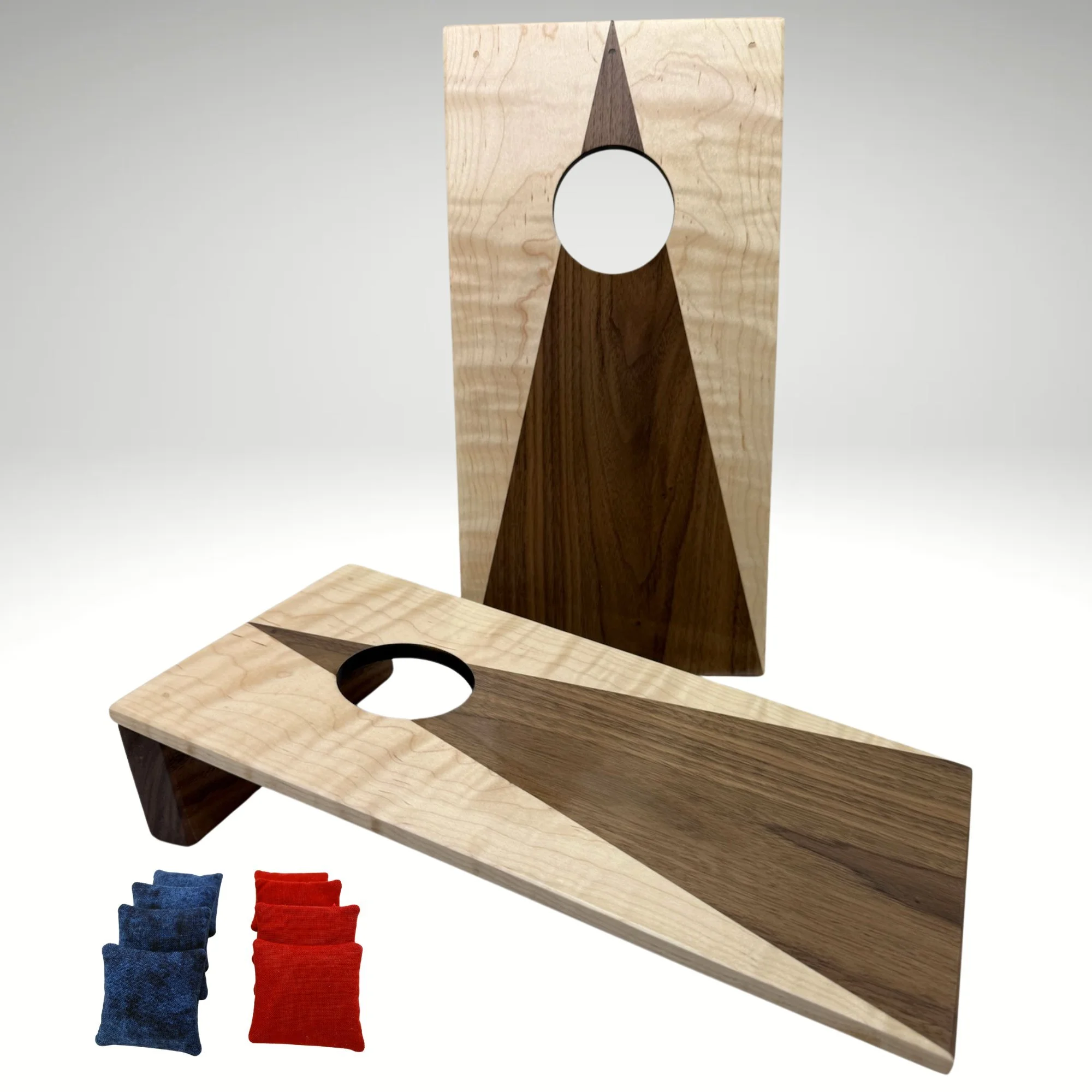 Handcrafted tabletop mini cornhole boards made from solid hardwood, two-toned maple & walnut