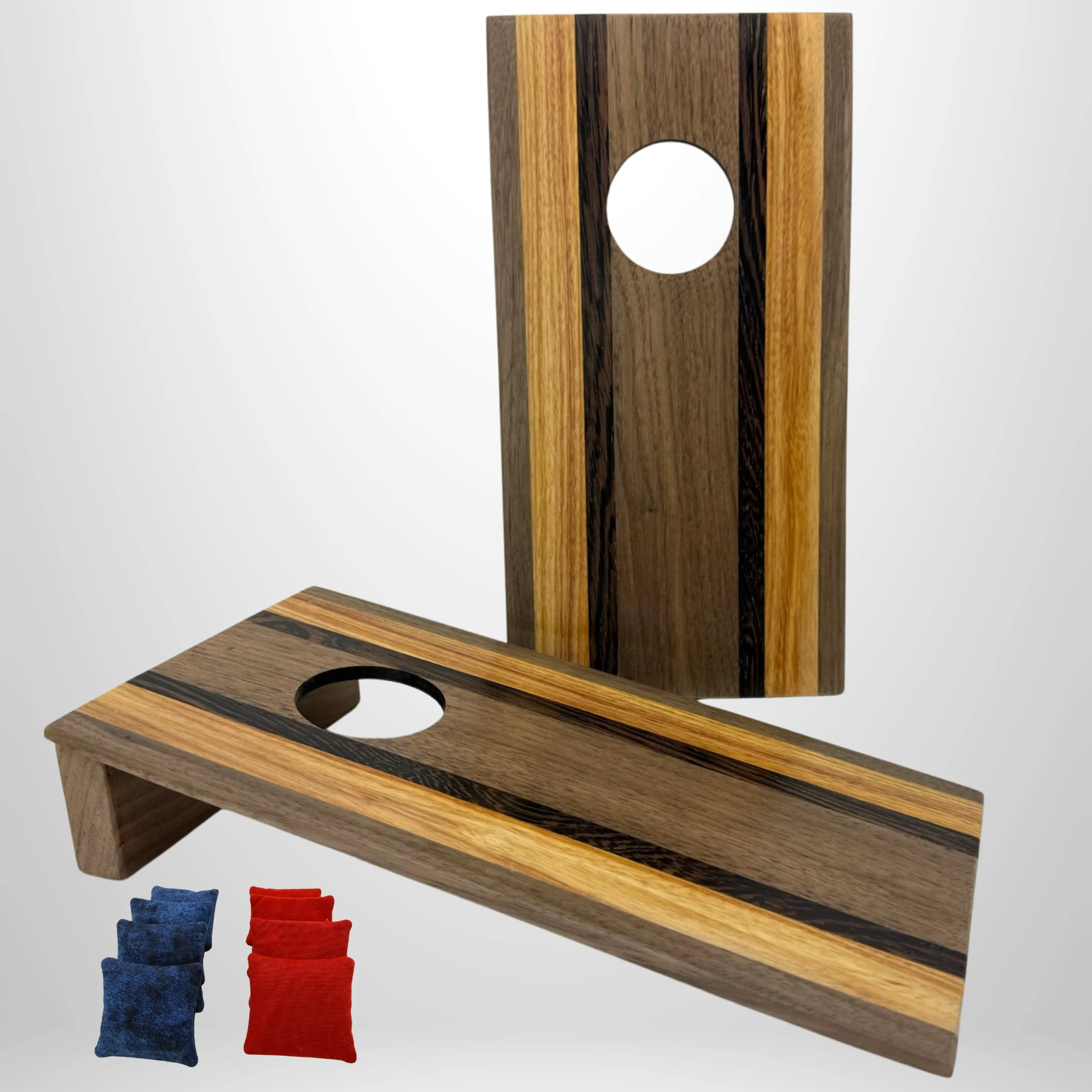 Handcrafted tabletop mini cornhole boards made from solid hardwood, walnut, purple heart, canary