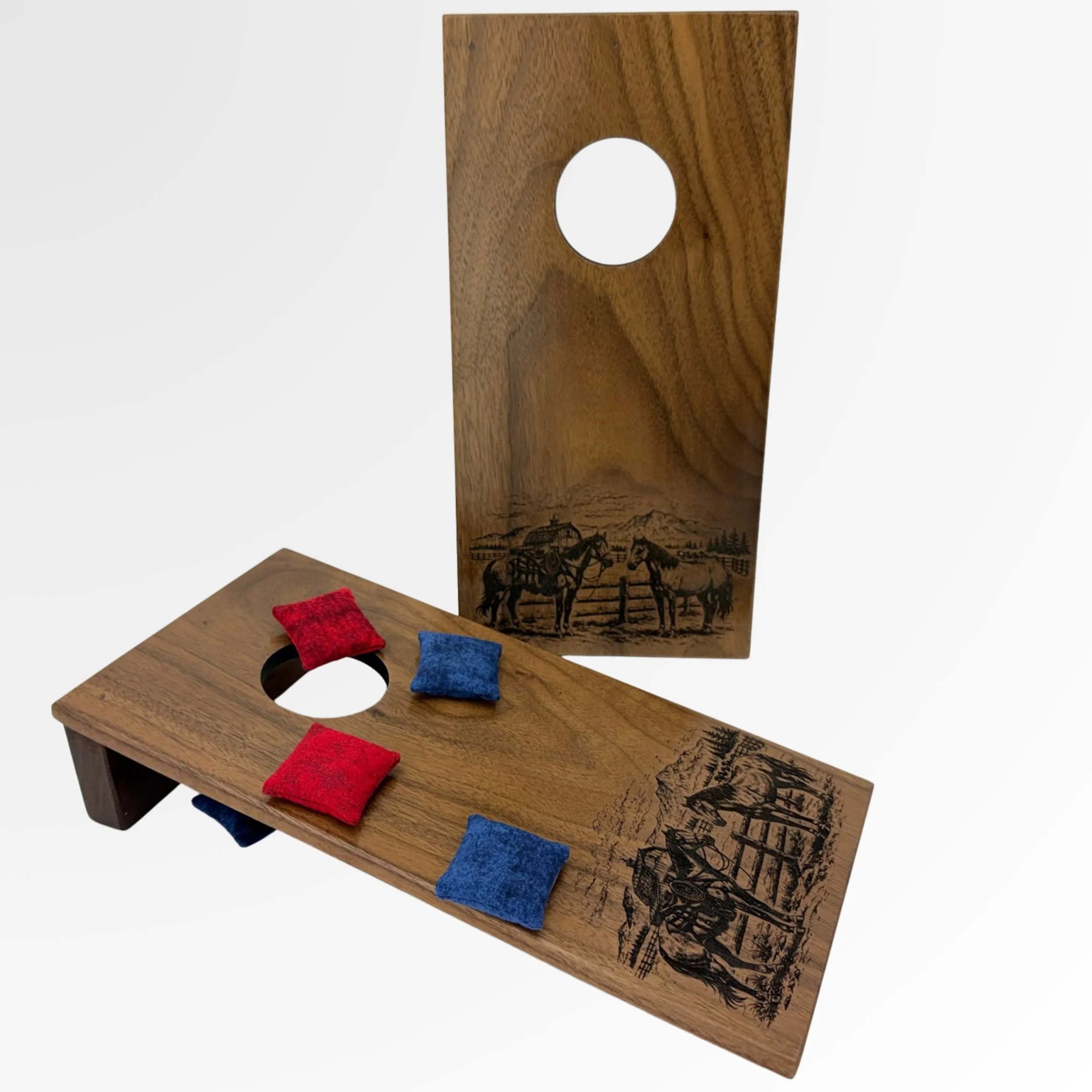Handcrafted tabletop mini cornhole boards made from solid hardwood, walnut wood engraved with ranch scene