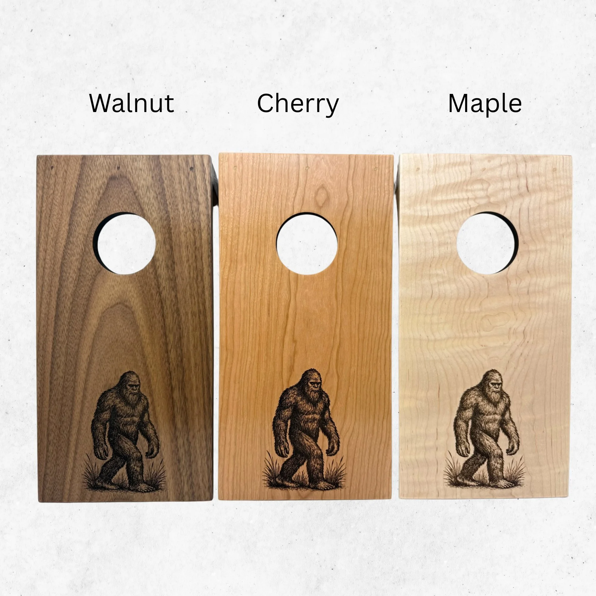 Wood variants for Bigfoot engraving. Maple, Cherry, Walnut