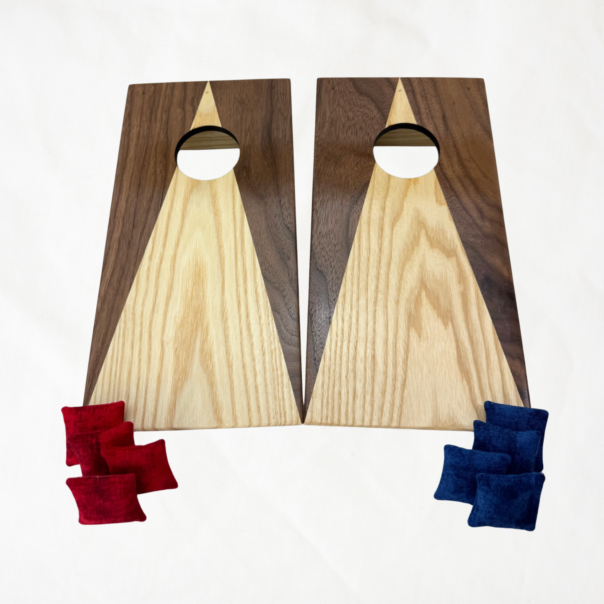 Handcrafted tabletop mini cornhole boards made from solid hardwood, two-tone walnut and ash wood