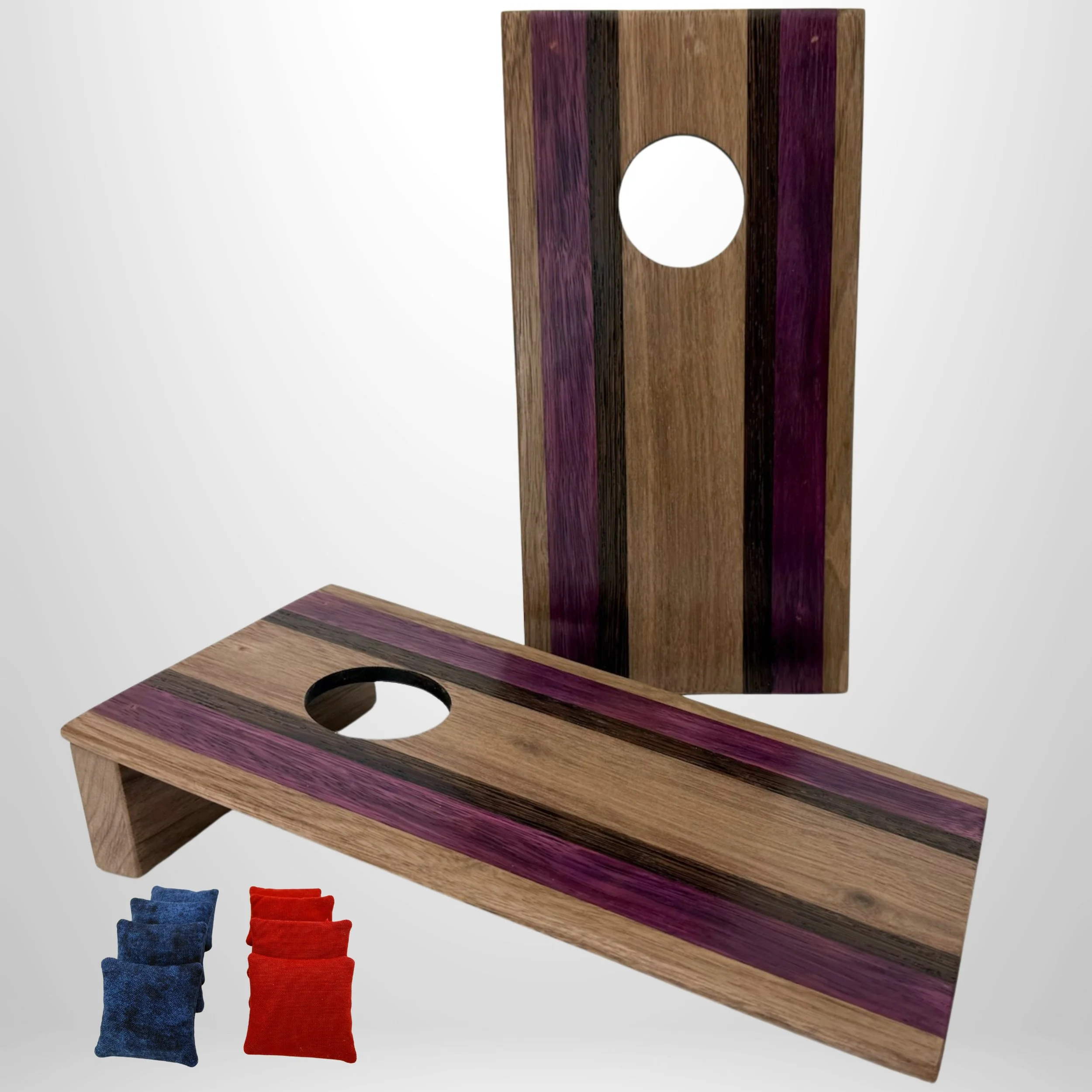 Handcrafted tabletop mini cornhole boards made from solid hardwood, zebra wood, Purple Heart, and black wenge