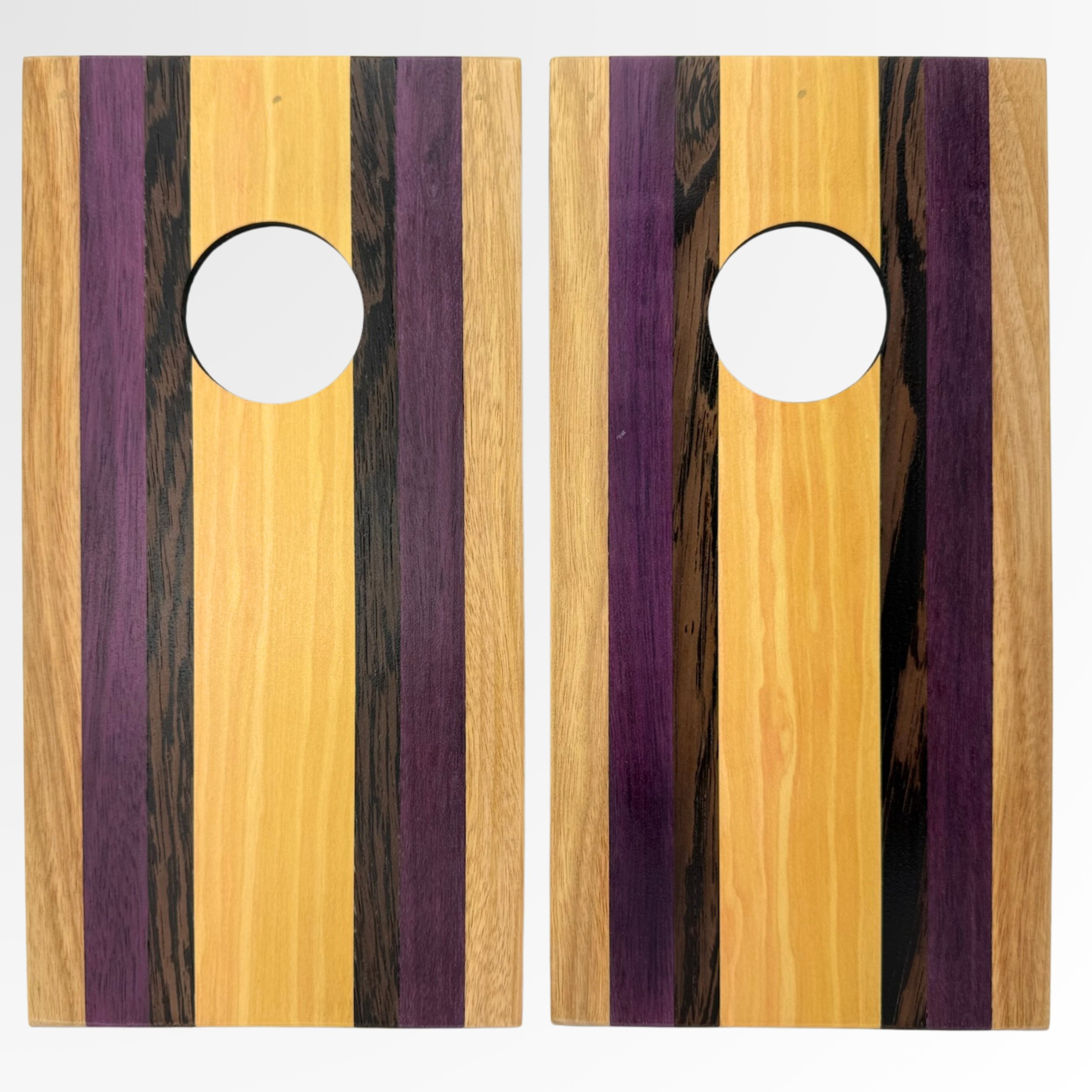 Handcrafted tabletop mini cornhole boards made from solid hardwood, yellow Heart, Purple Heart, wenge