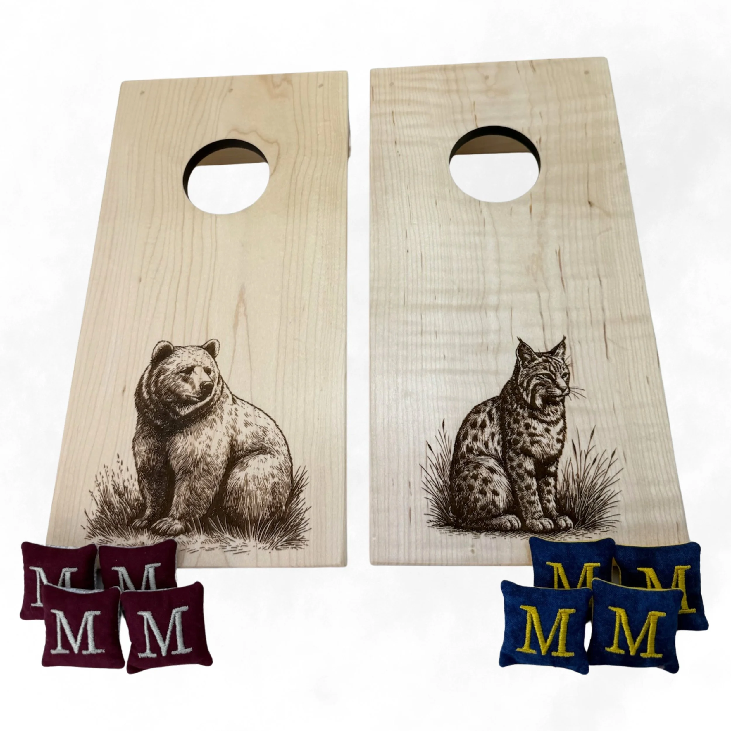 Handcrafted tabletop mini cornhole boards made from solid hardwood, maple wood, engraved with grizzly & bobcat