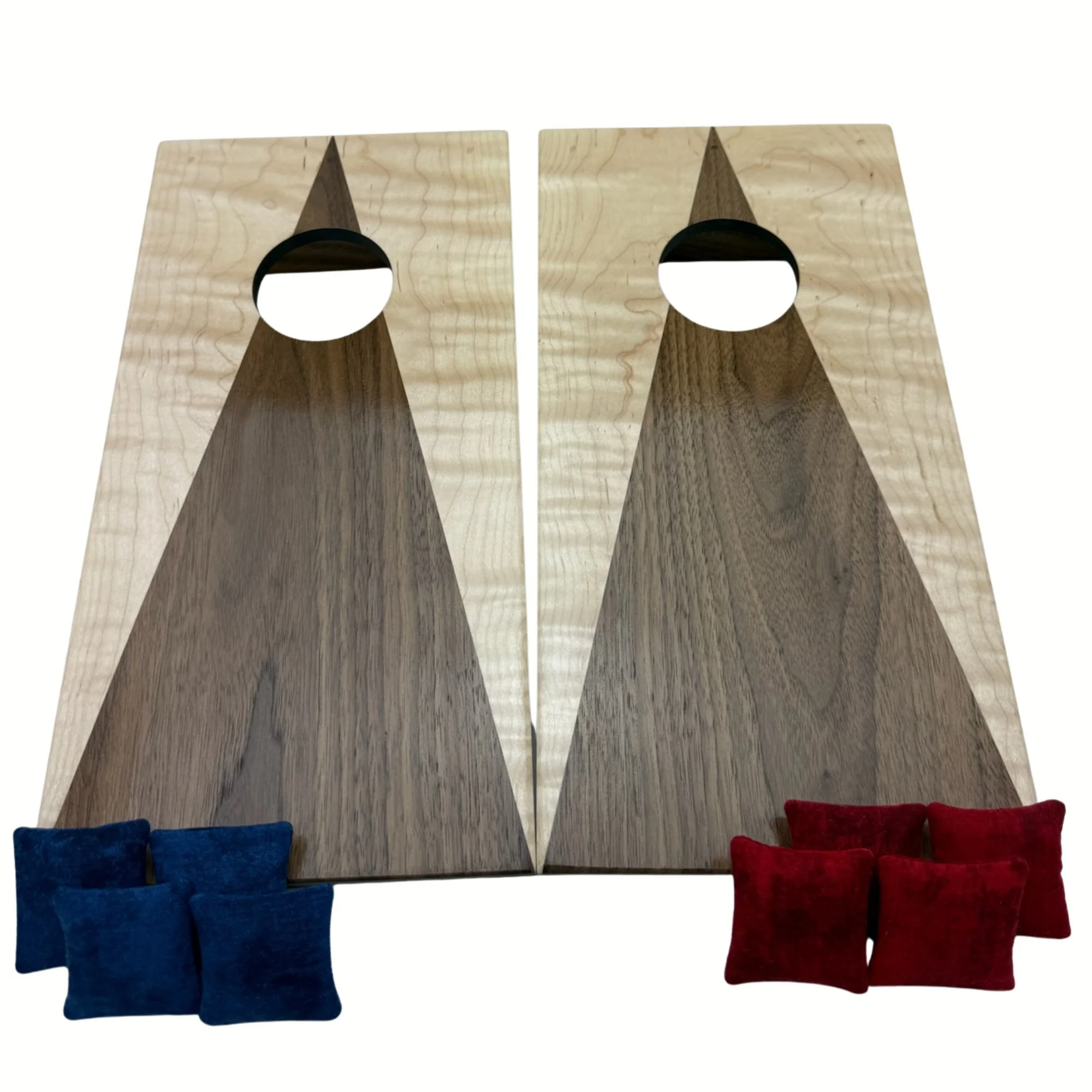 Handcrafted tabletop mini cornhole boards made from solid hardwood, two-toned maple & walnut