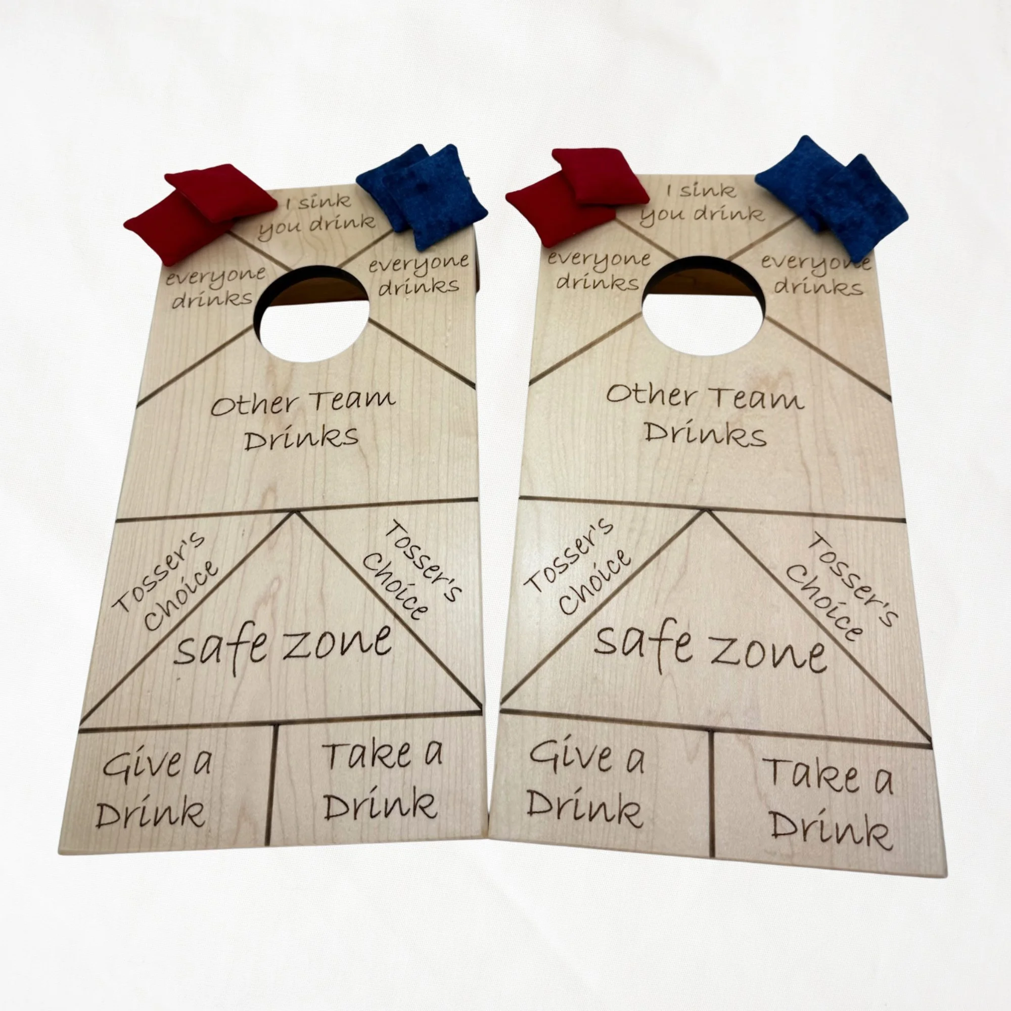 Handcrafted tabletop mini cornhole boards made from solid hardwood, maple wood, engraved with a drinking game