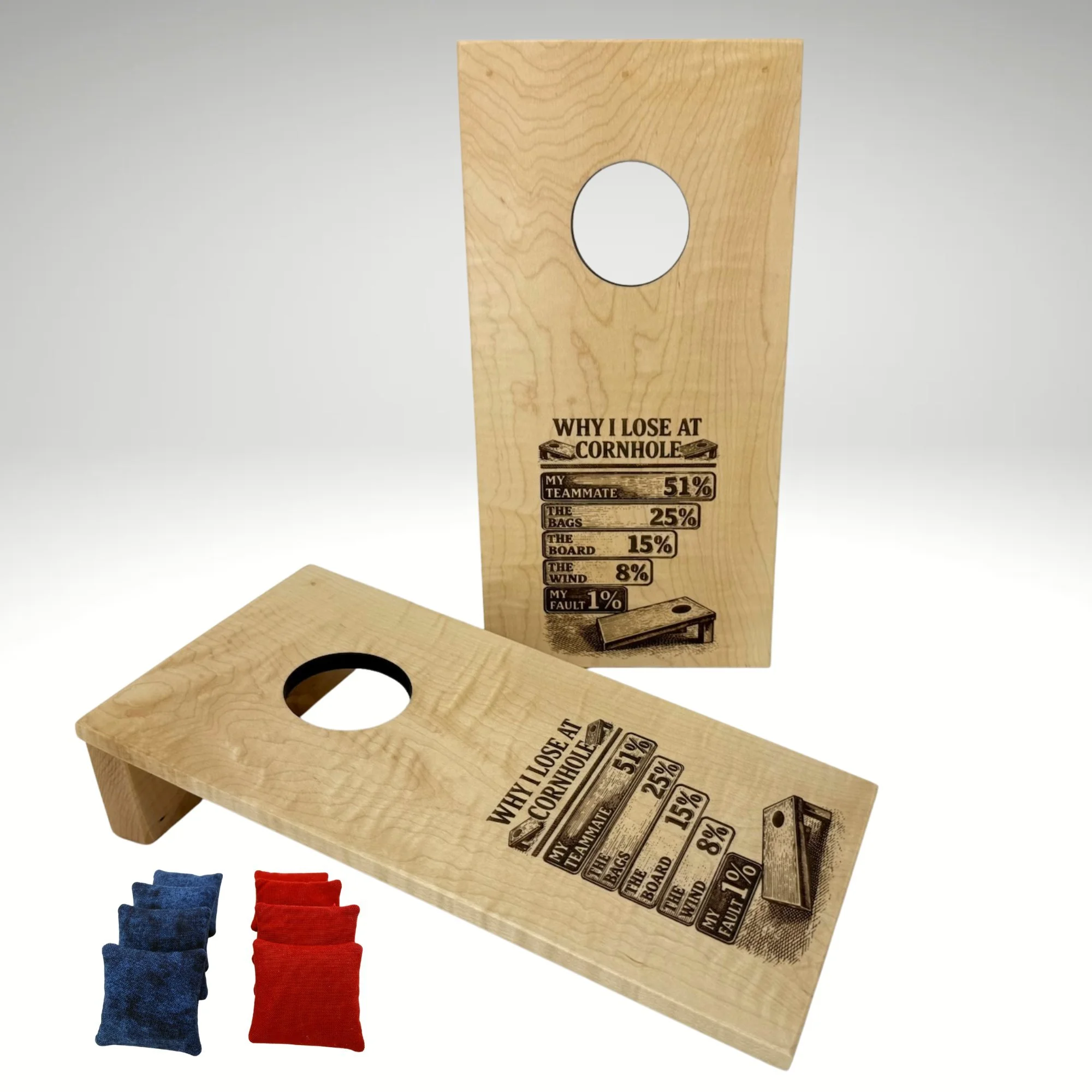 Mini Cornhole Boards with 8 bags. Engraved why I lose at cornhole in Maple wood.