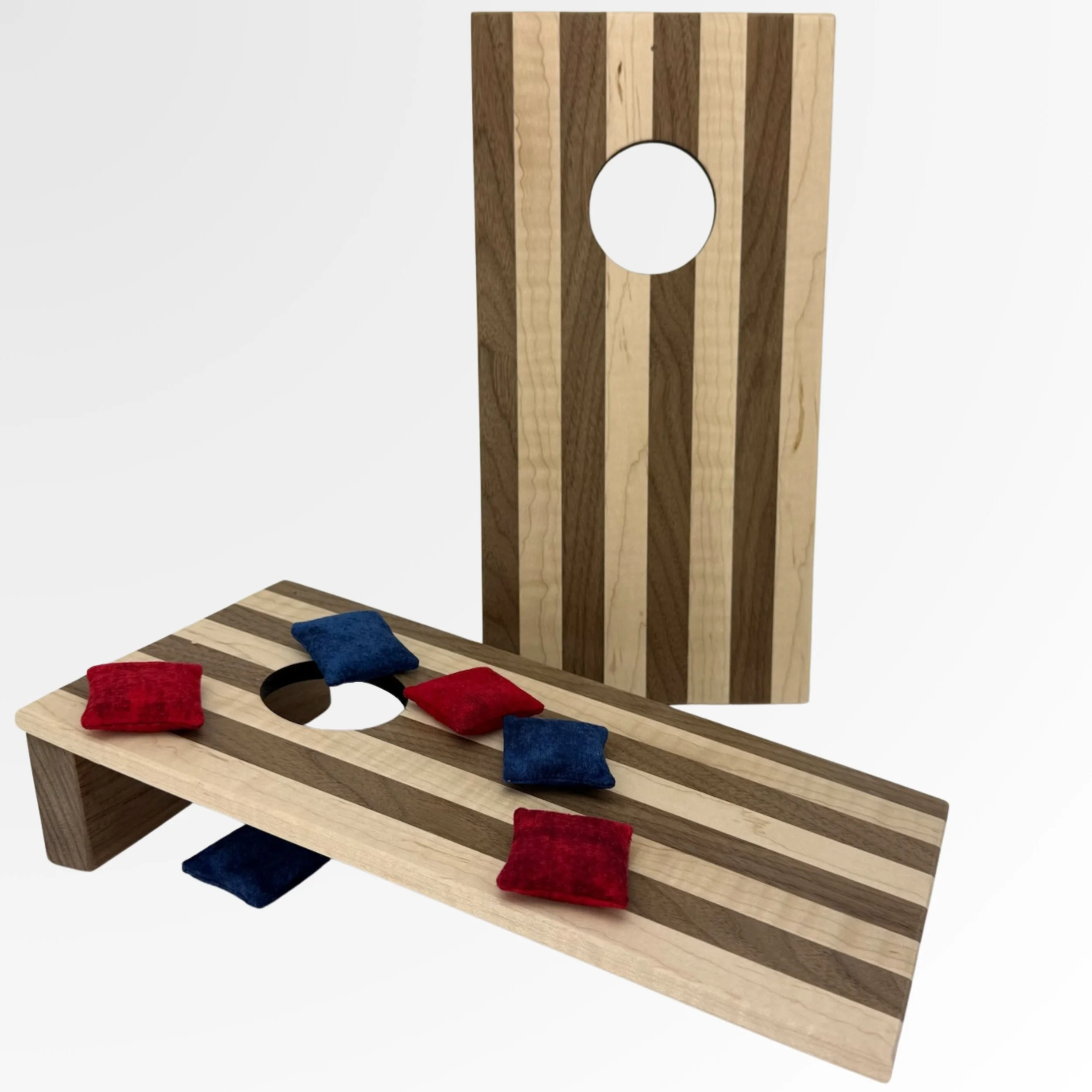 Handcrafted tabletop mini cornhole boards made from solid hardwood, walnut and curly maple stripes description